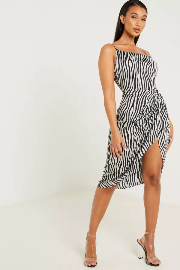 Sage Satin Zebra Print Strappy Dress