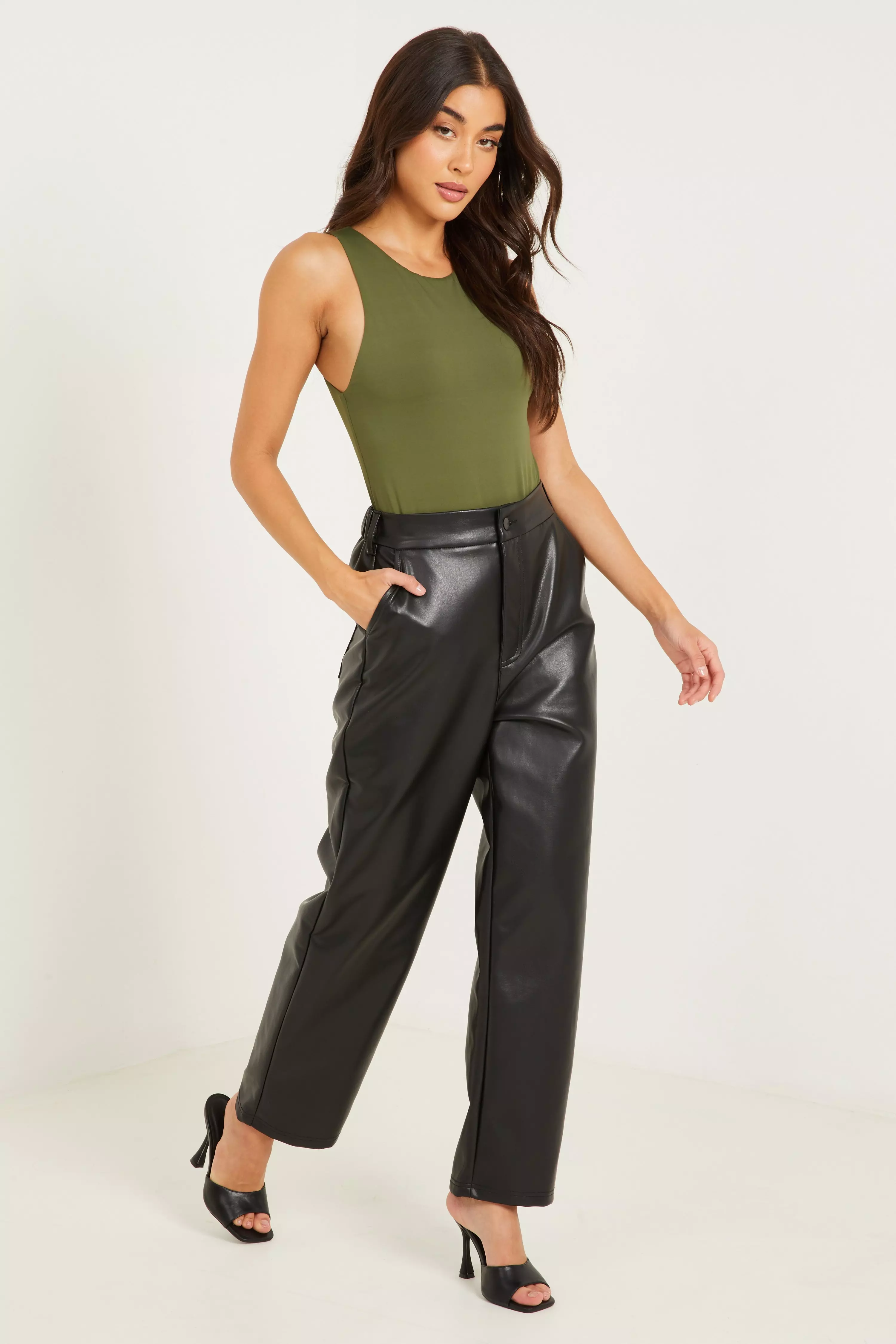 Black Faux Leather Tapered Trousers