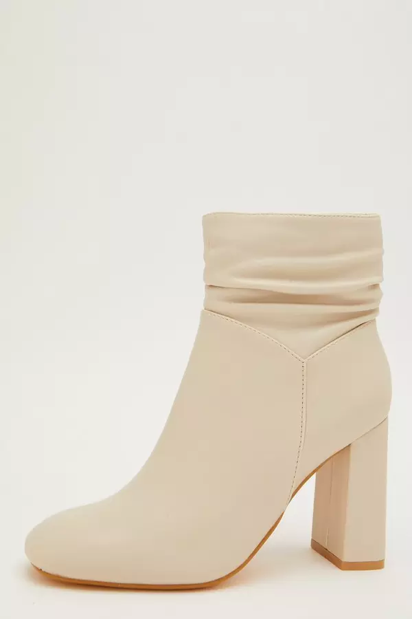 Cream Faux Leather Ruched Ankle Boot