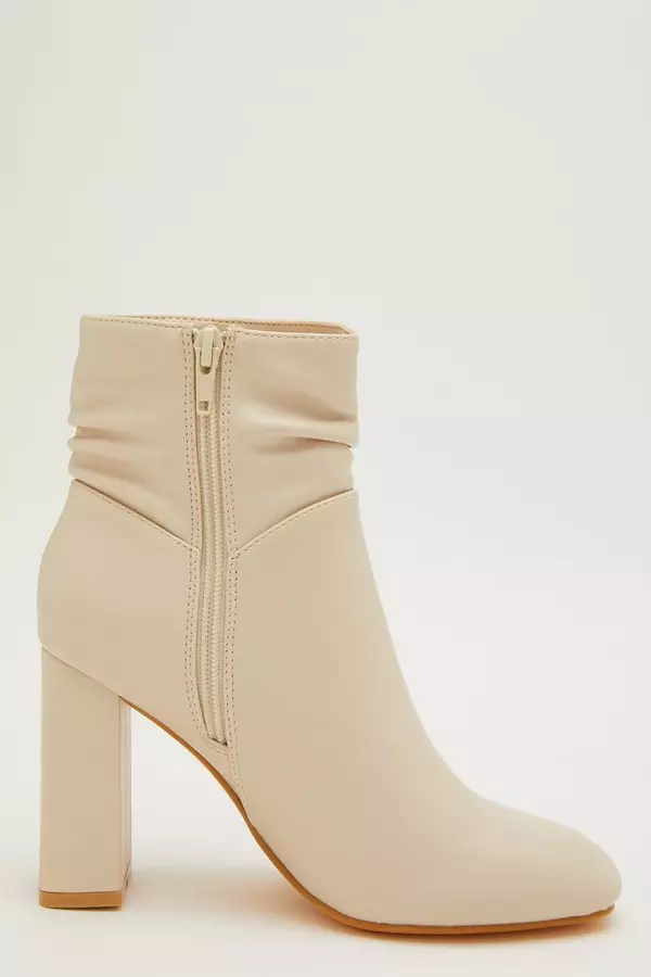 Cream Faux Leather Ruched Ankle Boot