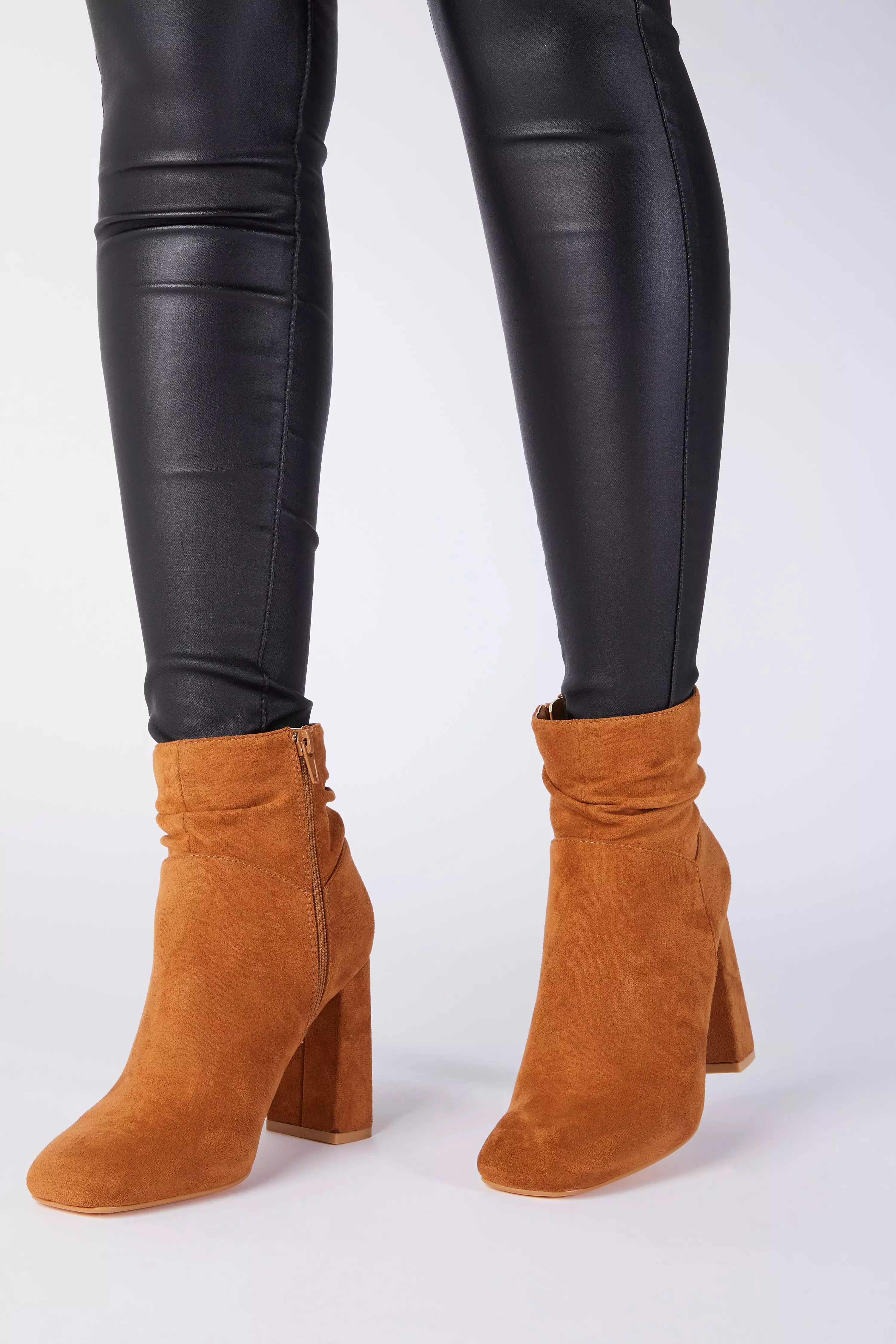 Tan Faux Suede Ruched Ankle Boot