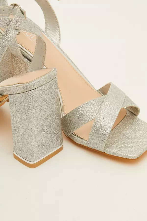 Silver Glitter Cross Strap Heeled Sandals