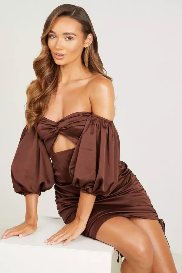 Brown Satin Bardot Bodycon Dress