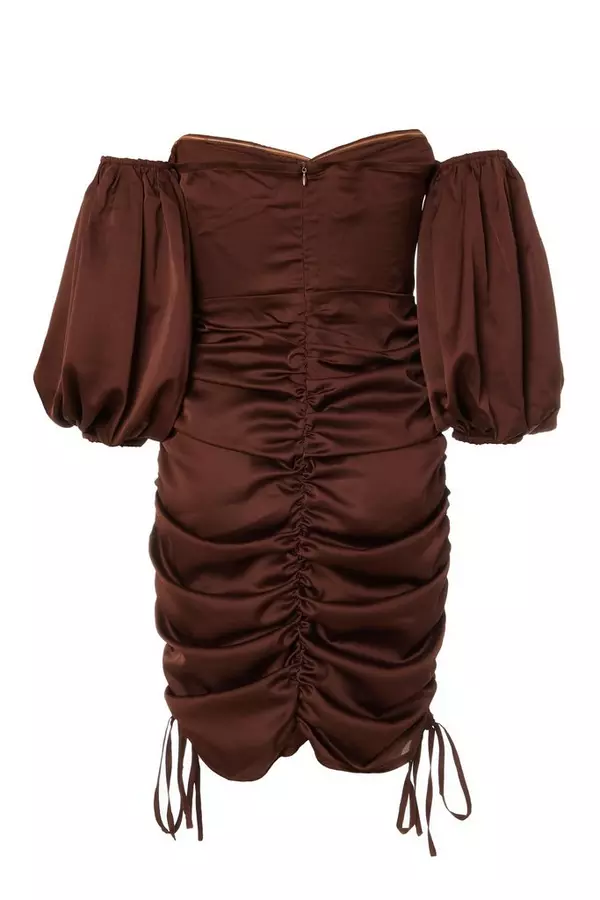 Brown Satin Bardot Bodycon Dress