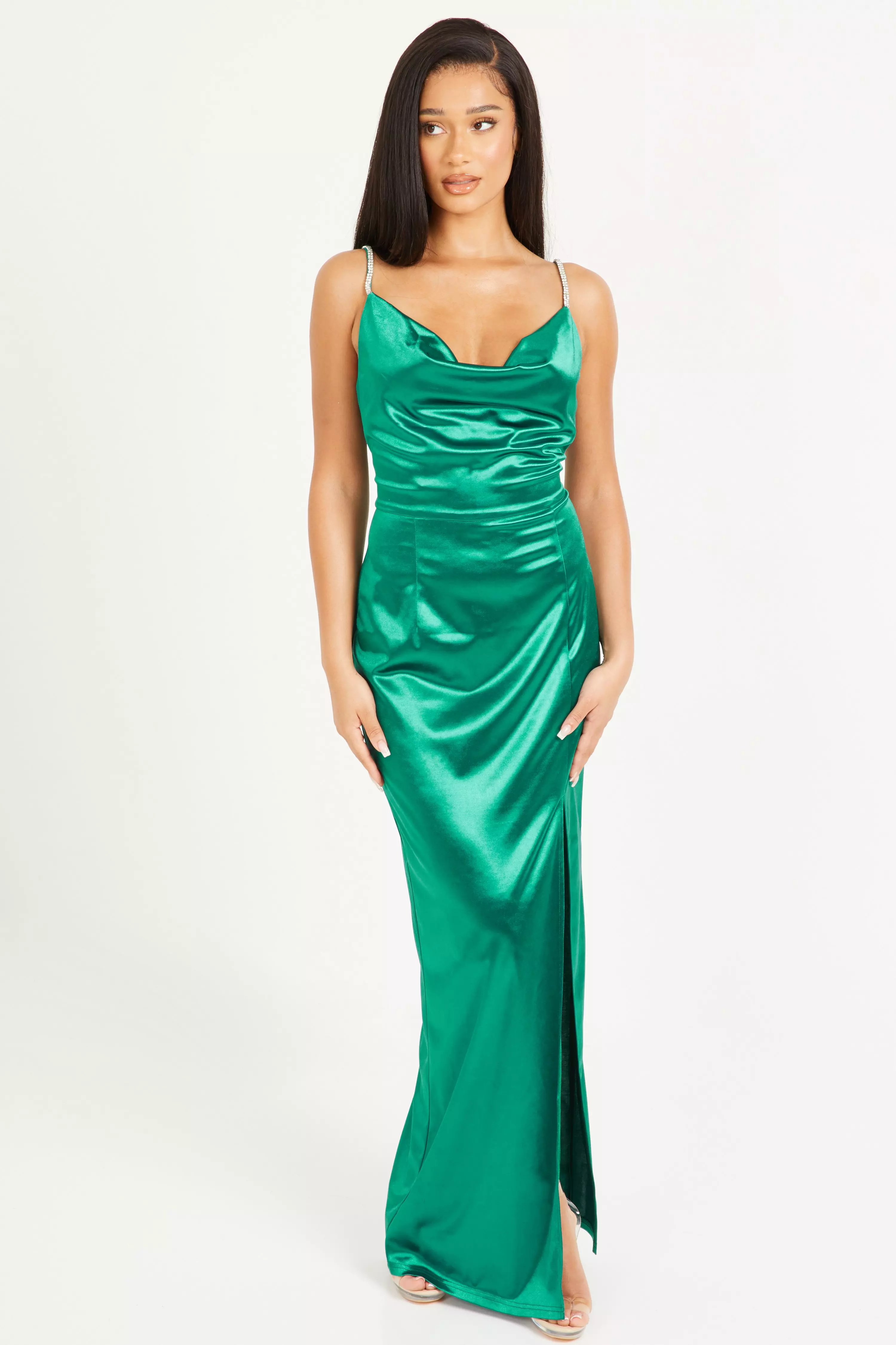 Green Satin Cowl Neck Maxi Dress