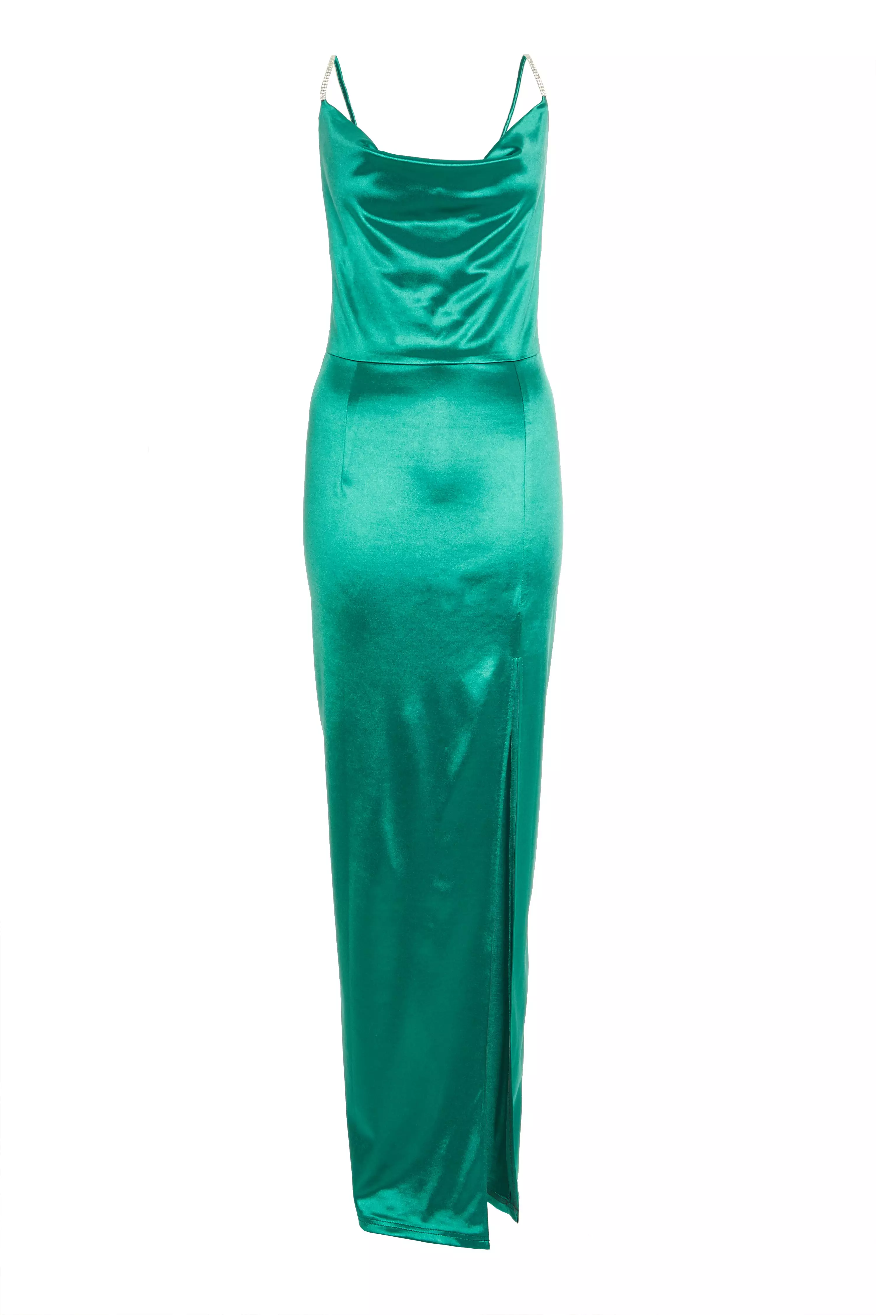 Green Satin Cowl Neck Maxi Dress