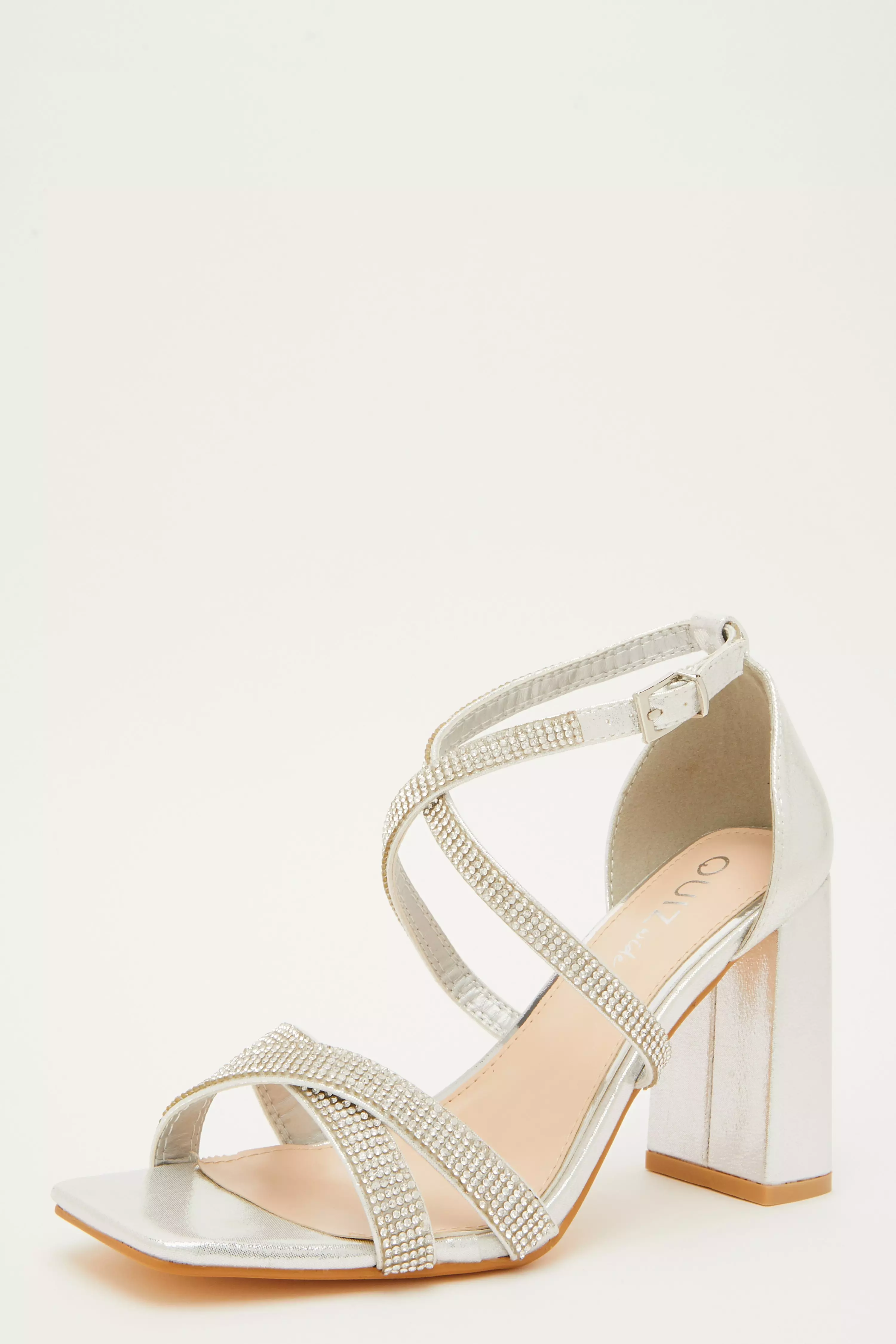 Wide Fit Silver Diamante Heeled Sandals