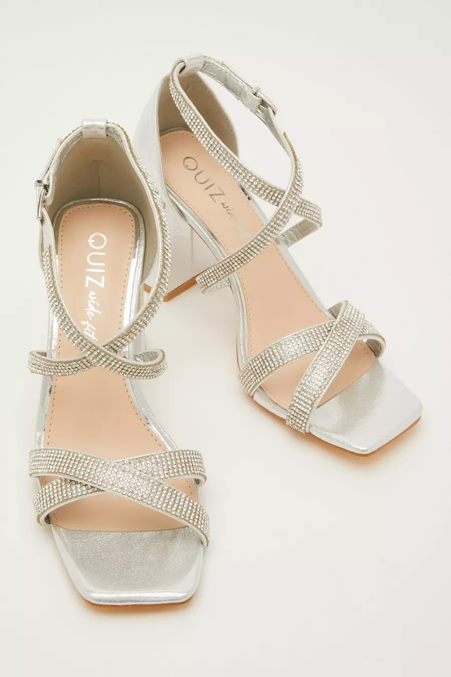 Wide Fit Silver Diamante Heeled Sandals QUIZ Clothing