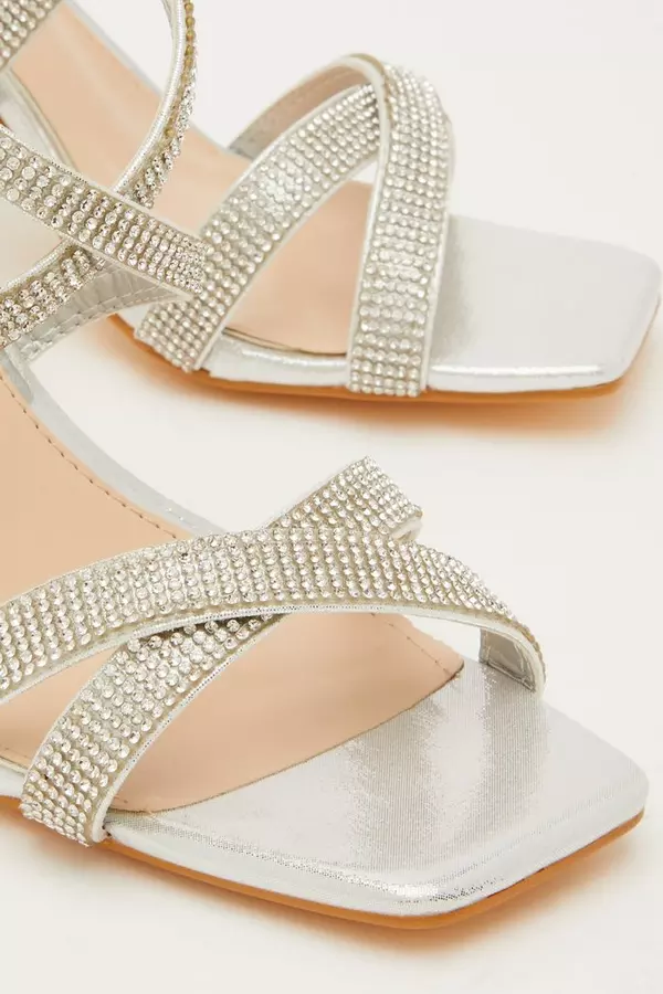 Wide Fit Silver Diamante Heeled Sandals