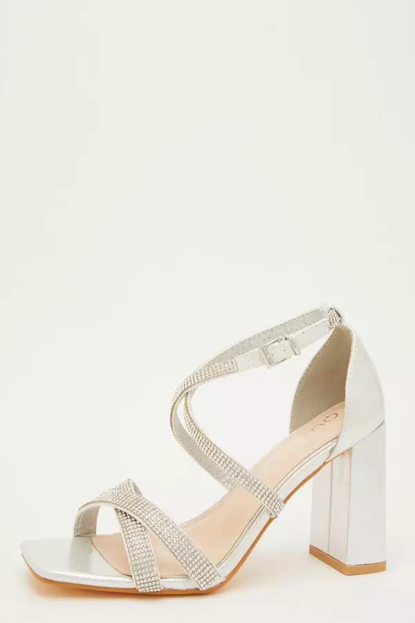 Wide Fit Silver Diamante Heeled Sandals