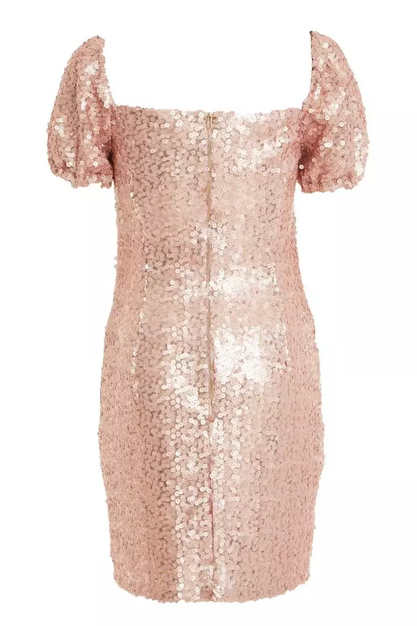 Pink Sequin Puff Sleeve Dress