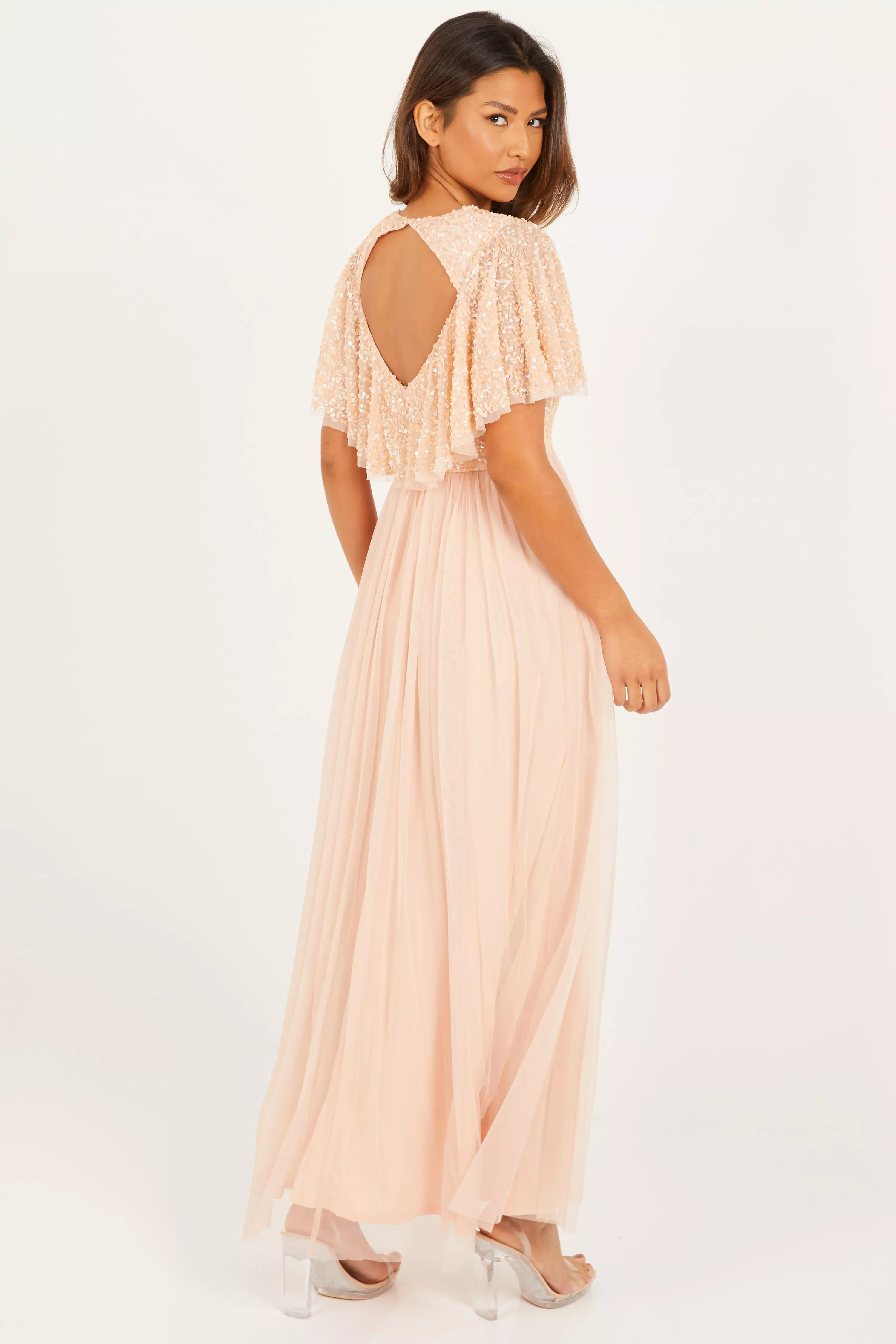 Peach Sequin Cap Sleeve Maxi Dress