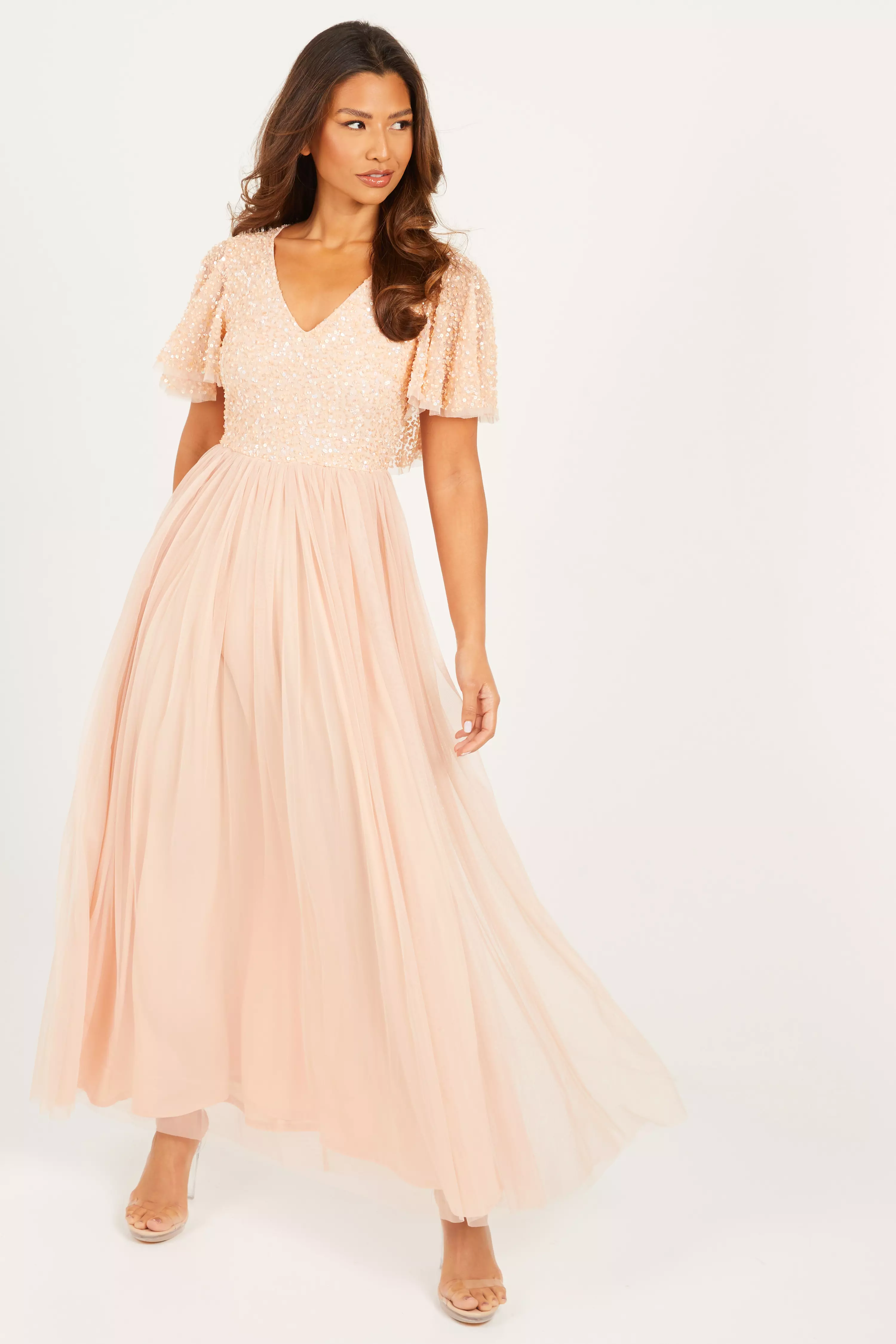 Peach Sequin Cap Sleeve Maxi Dress