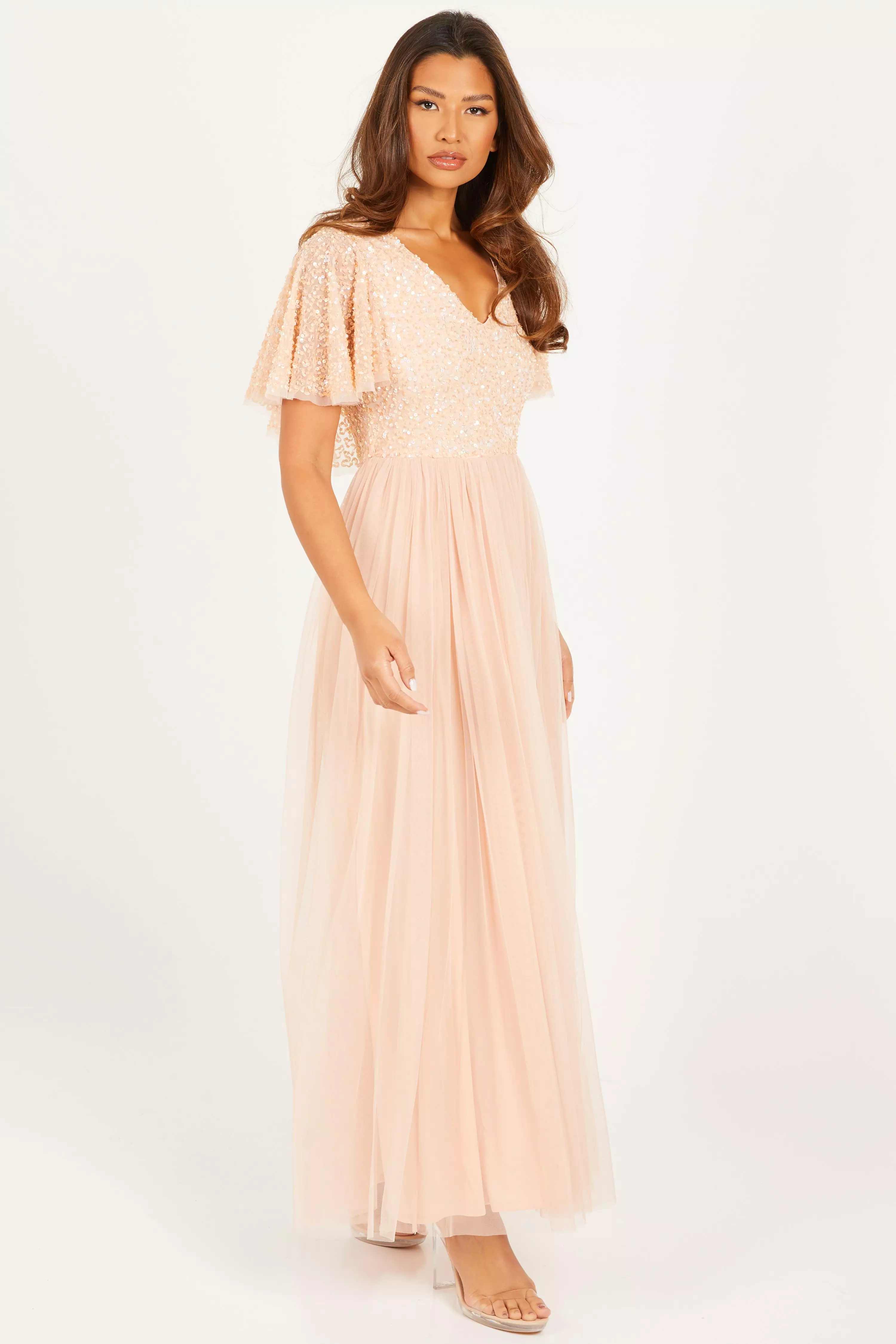 Peach Sequin Cap Sleeve Maxi Dress