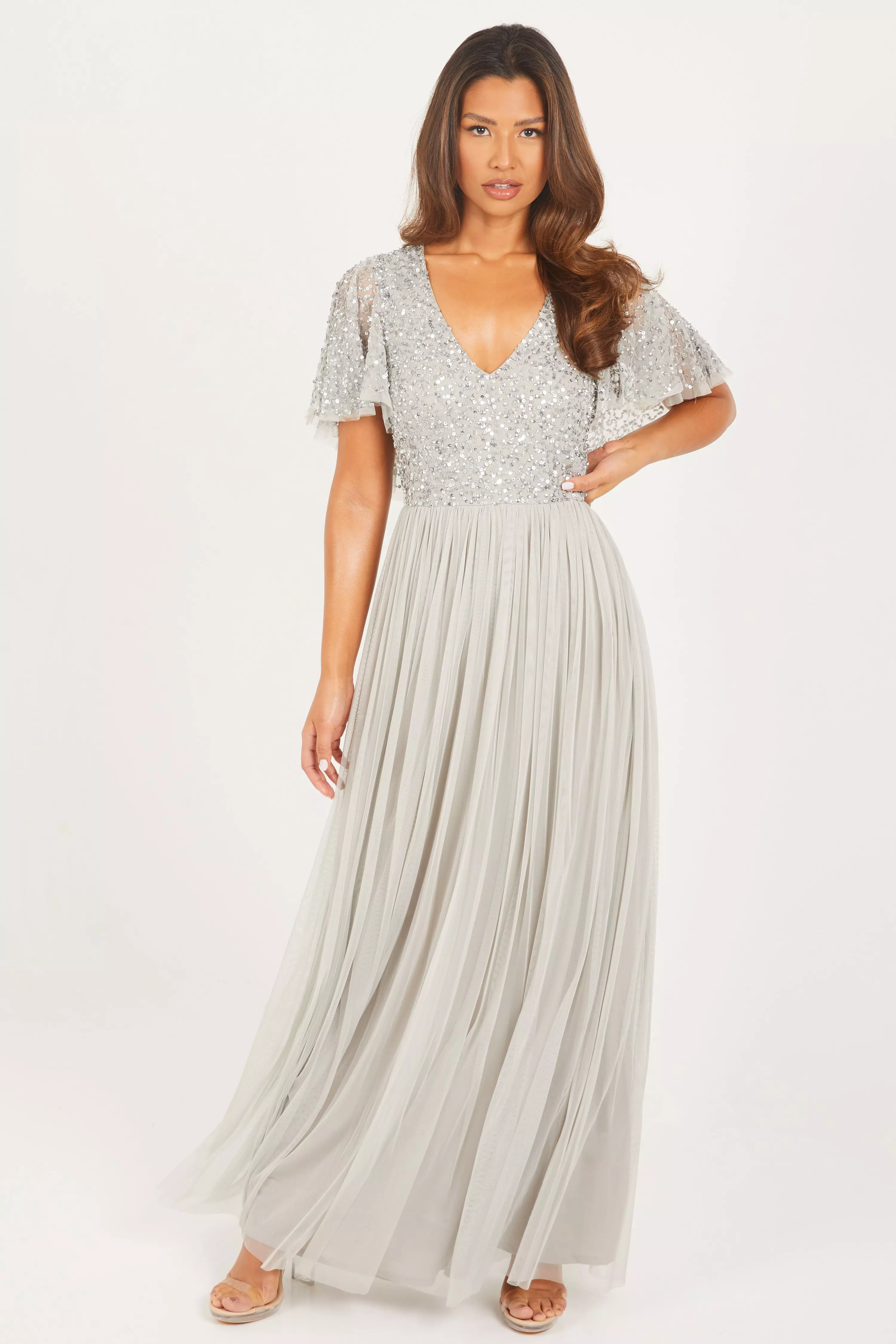 Grey Sequin Cap Sleeve Maxi Dress