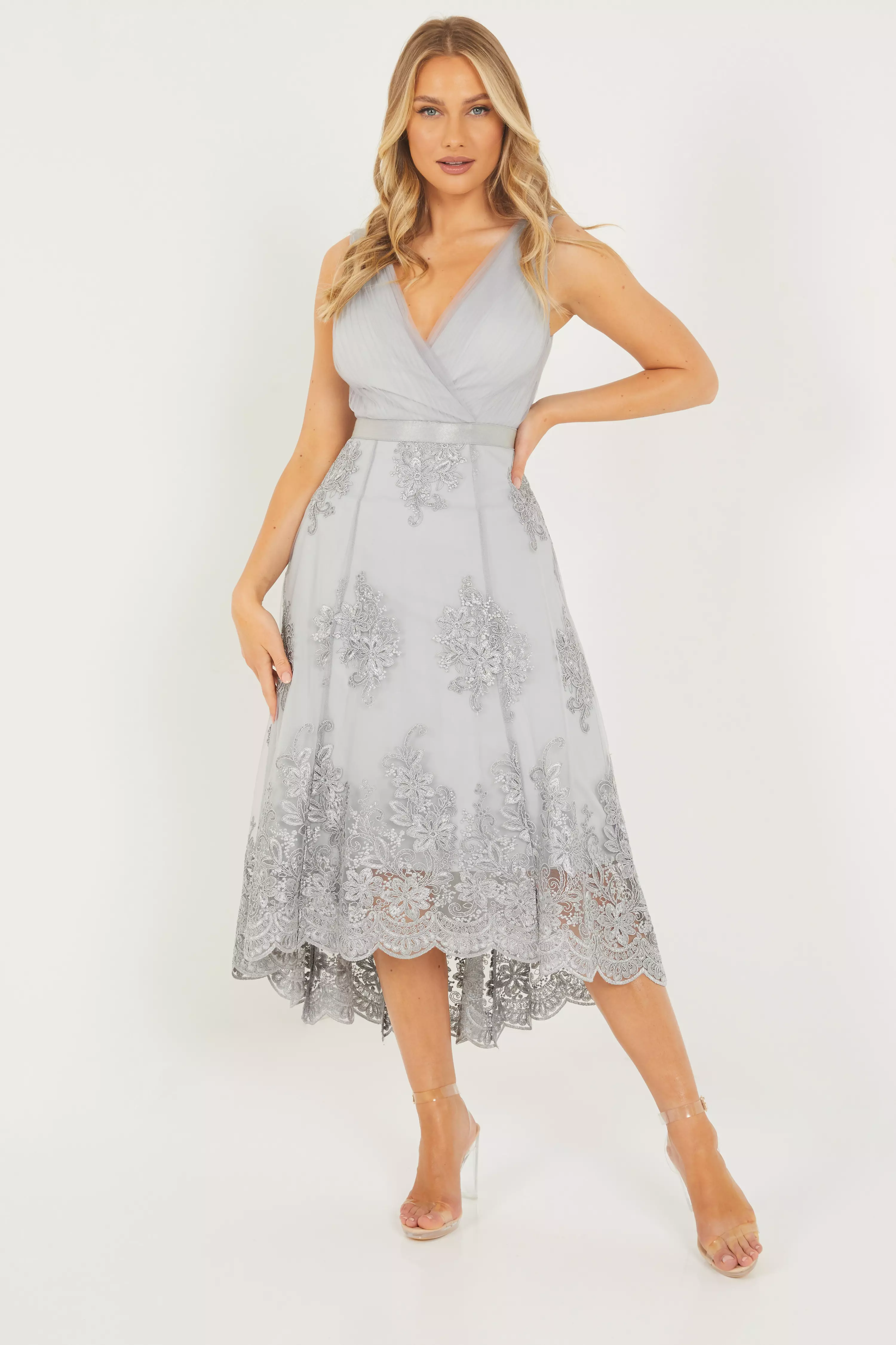 Light Grey Lace Dip Hem Midi Dress