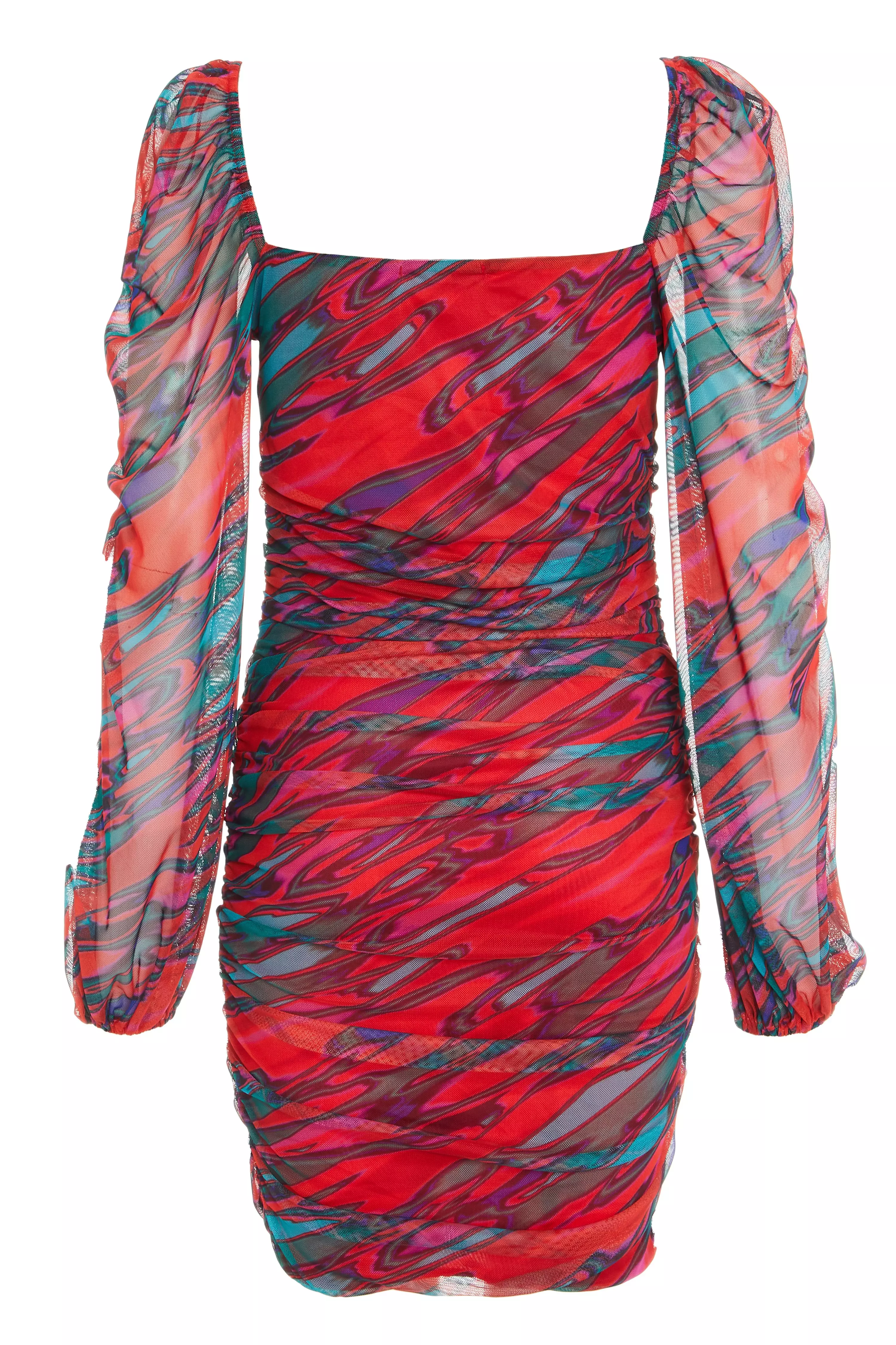 Red Mesh Marble Print Bodycon Dress