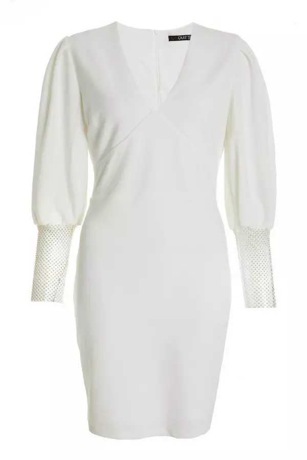 White Bodycon Diamante Sleeve Dress