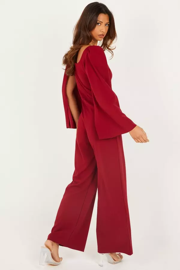 Berry Cape Sleeve Palazzo Jumpsuit
