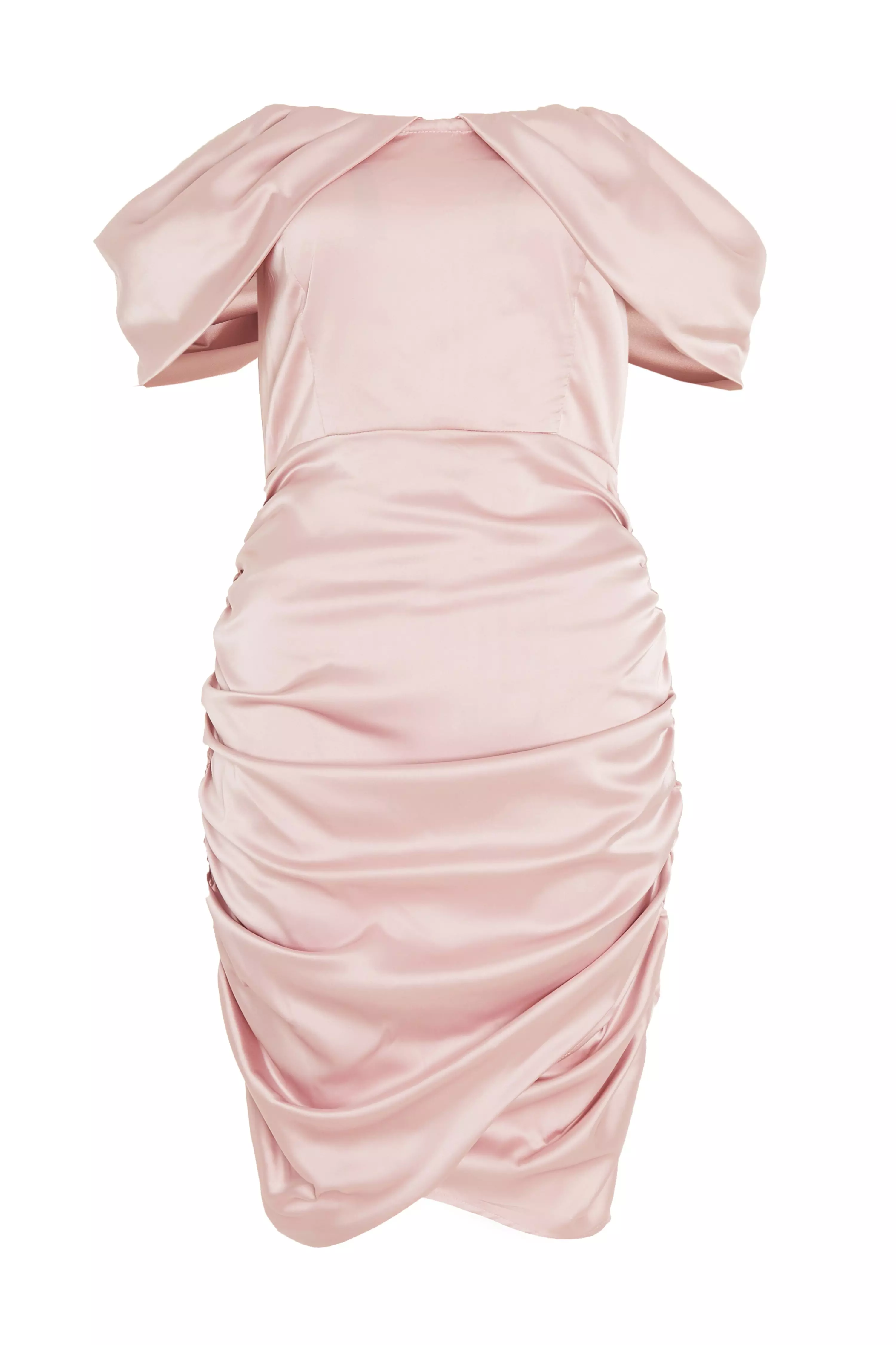 Pink Satin Bardot Bodycon Dress