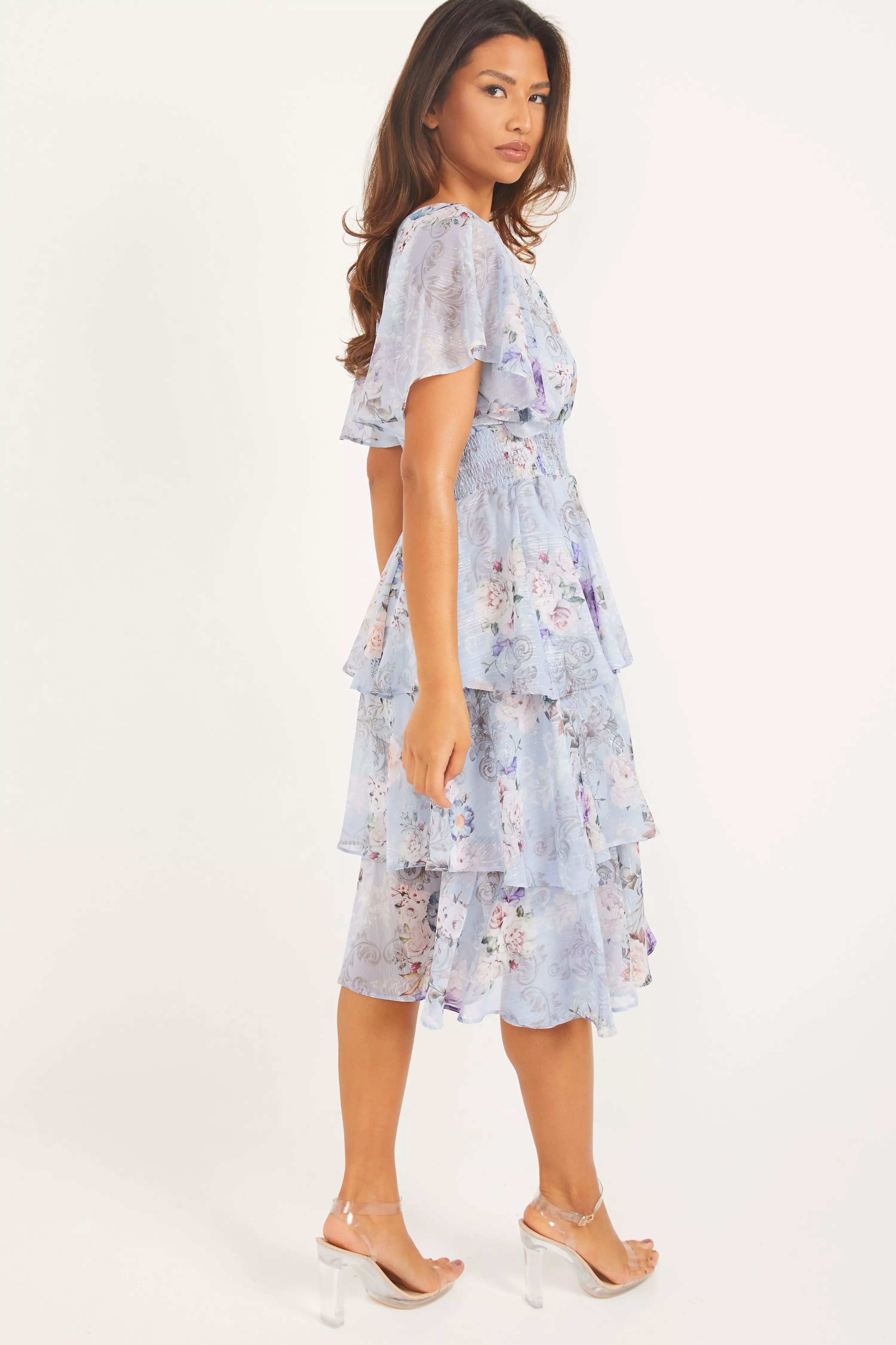 Blue Floral Chiffon Midi Dress