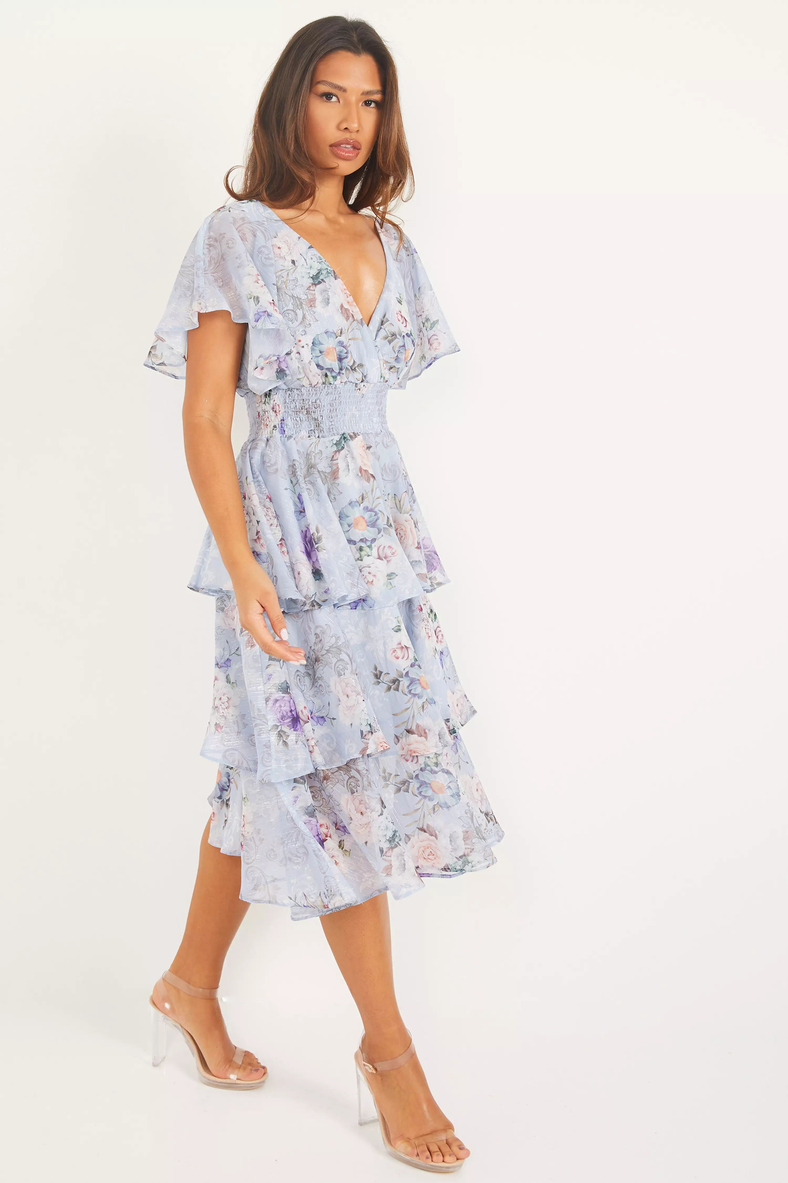 Blue Floral Chiffon Midi Dress