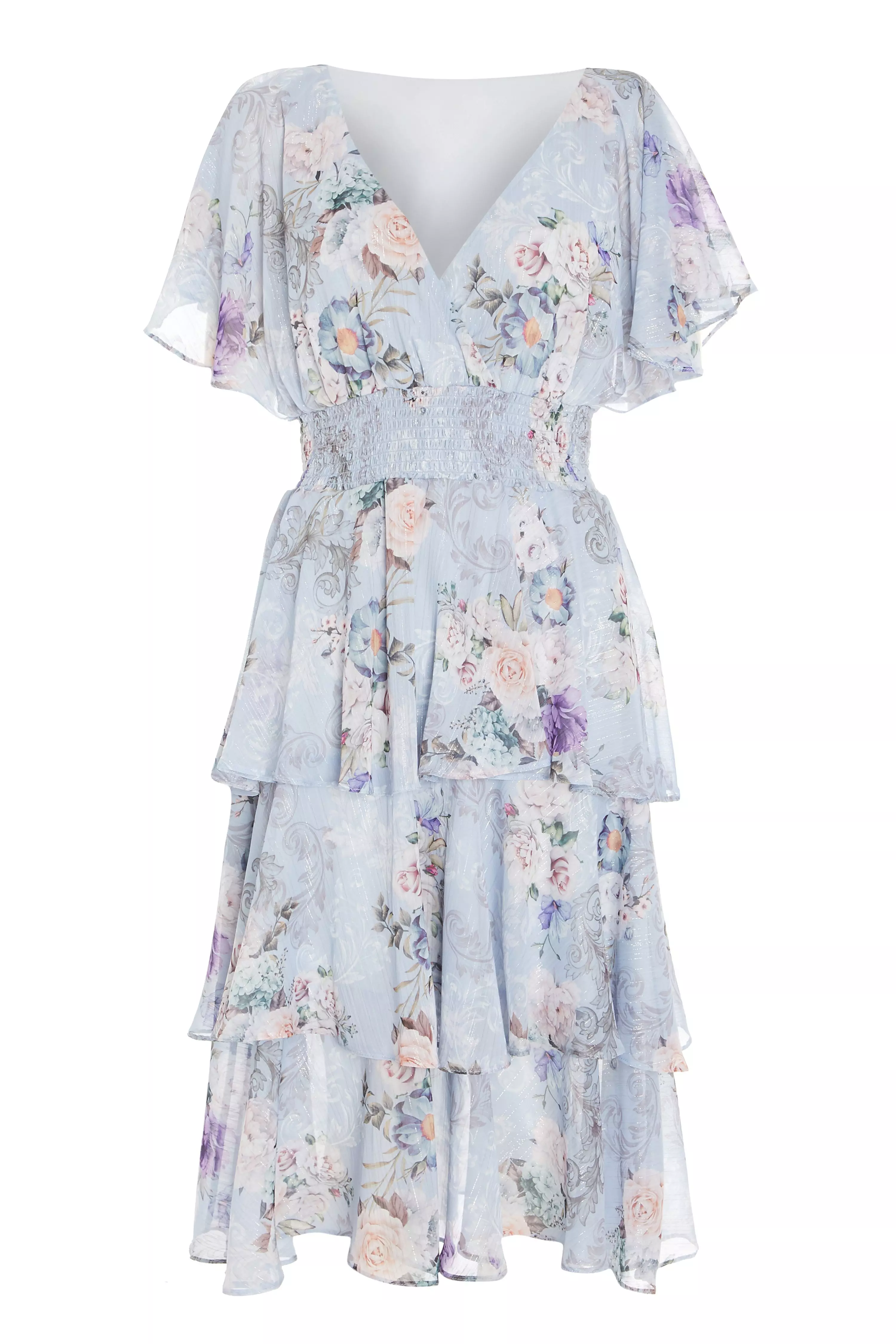 Blue Floral Chiffon Midi Dress