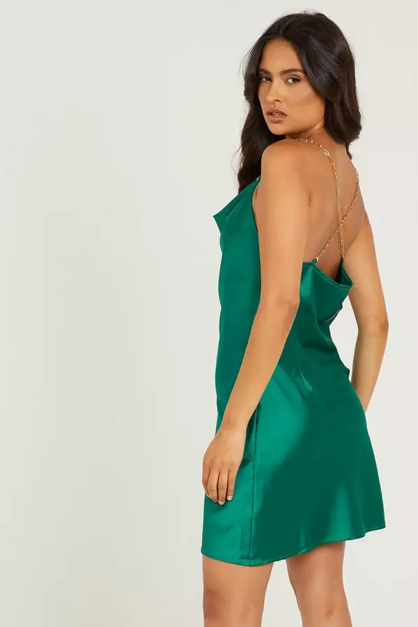 Green Satin Cowl Neck Dress