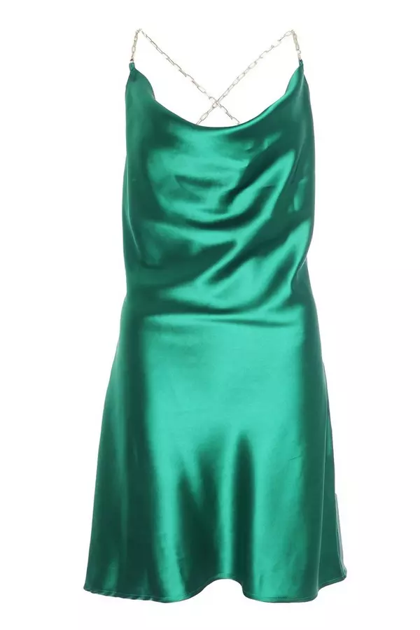 Green Satin Cowl Neck Dress
