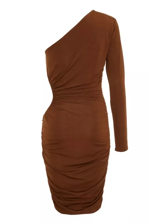 Brown One Shoulder Cut Out Dress