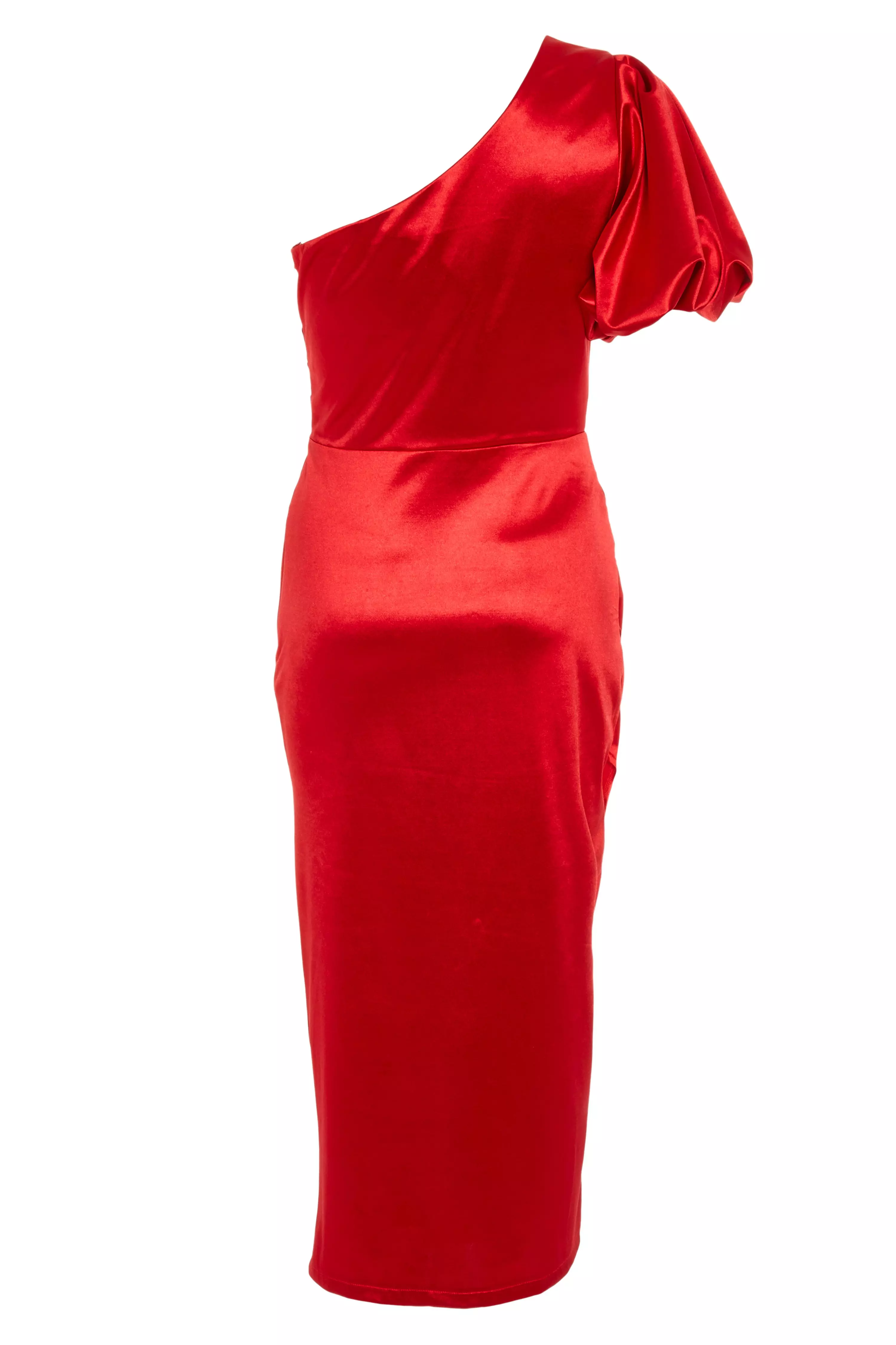 Red Satin One Shoulder Midi Dress
