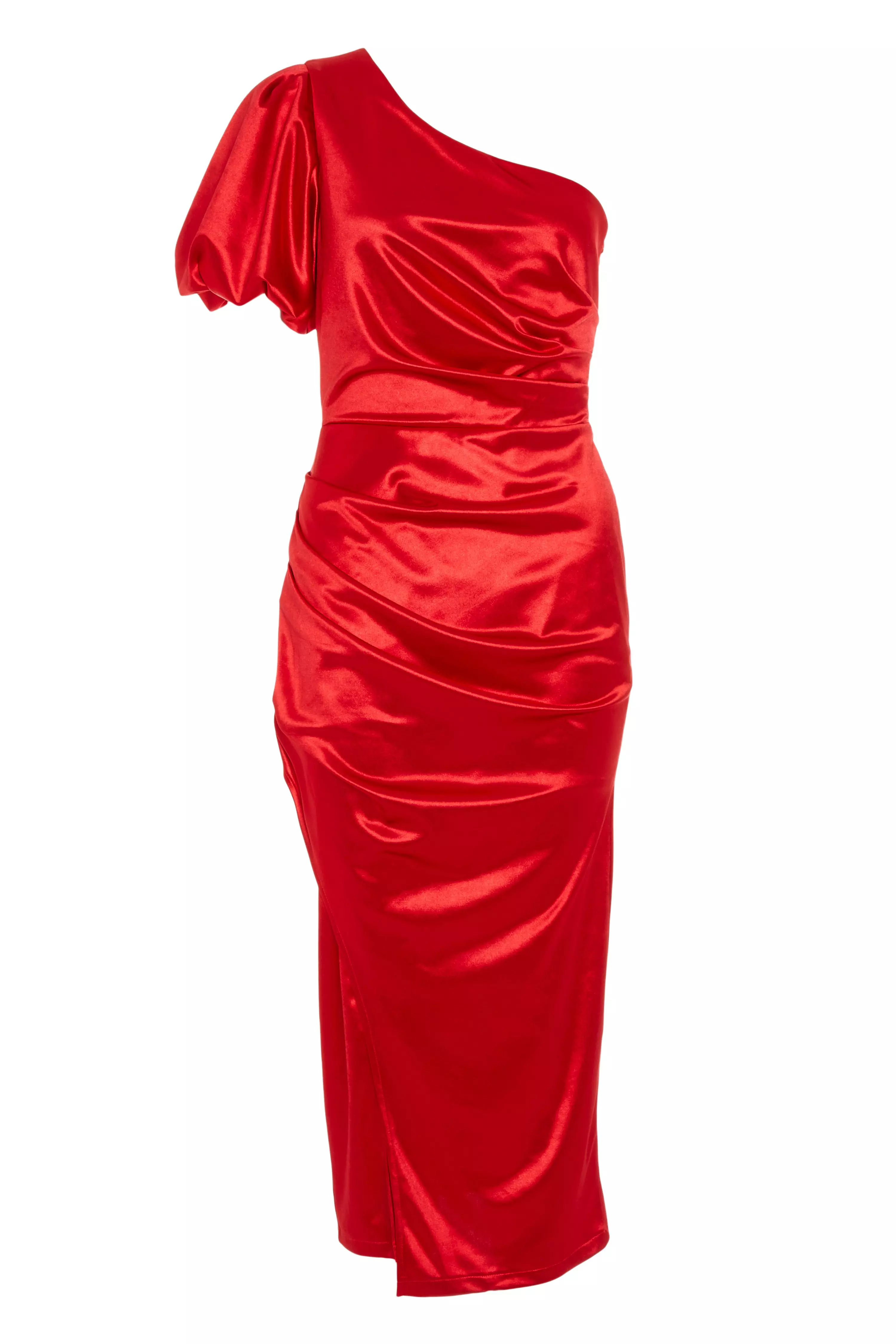 Red Satin One Shoulder Midi Dress