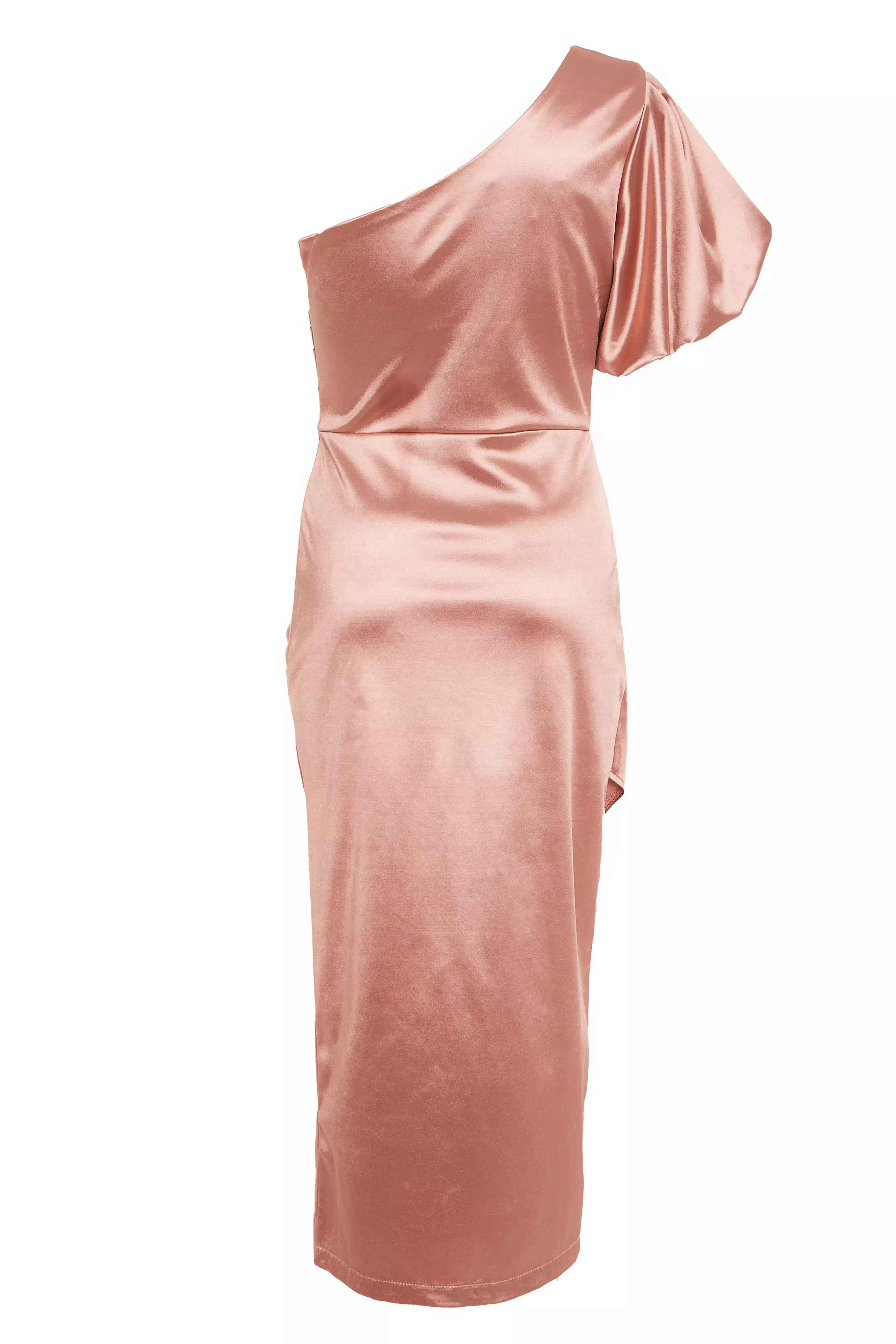 Rose Gold Satin One Shoulder Midi Dress