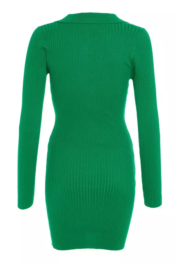 Green Ribbed Long Sleeve Mini Dress