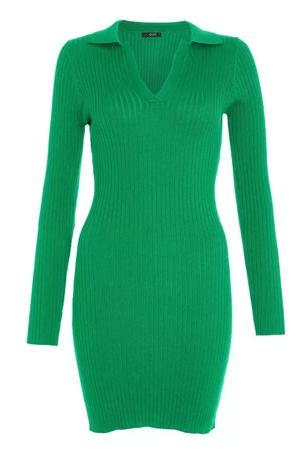 Green Ribbed Long Sleeve Mini Dress