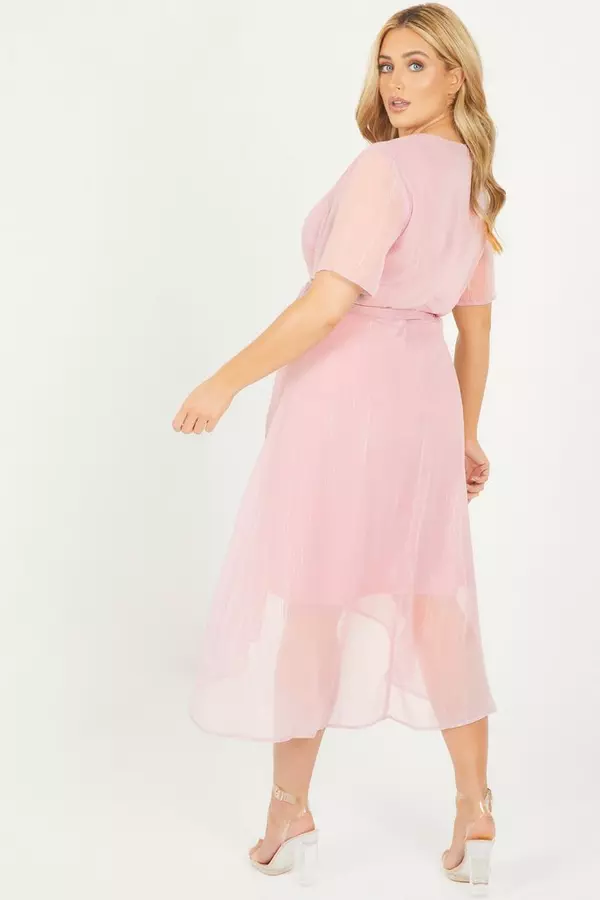 Curve Pink Metallic Wrap Midi Dress