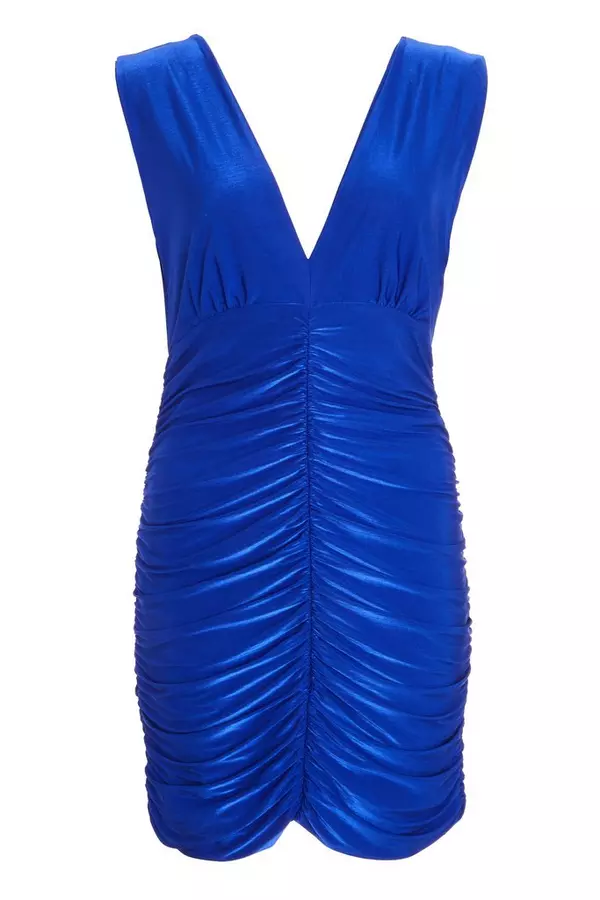 Blue V Neck Ruched Mini Dress