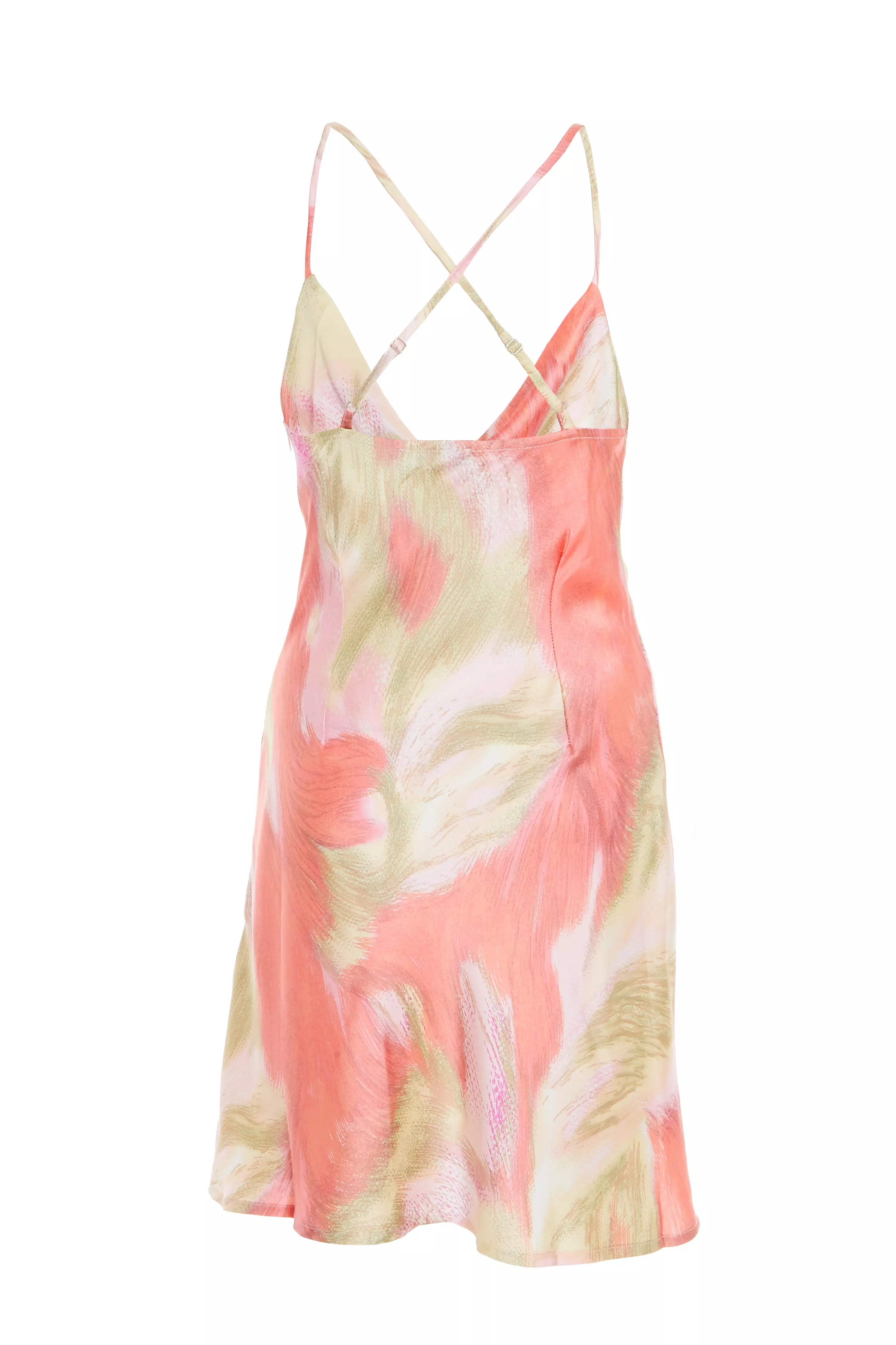 Pink Abstract Print Satin Cowl Mini Dress