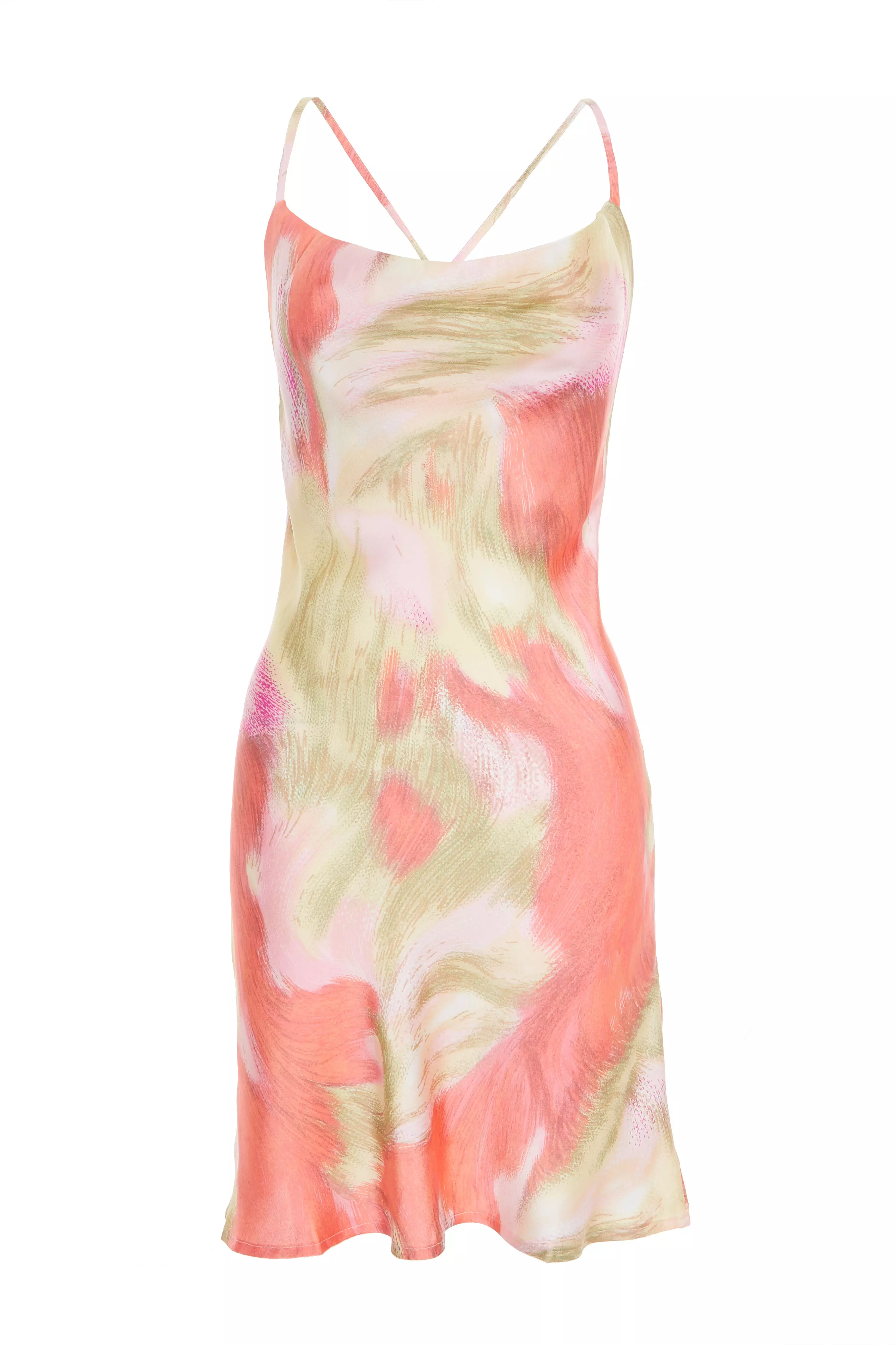 Pink Abstract Print Satin Cowl Mini Dress