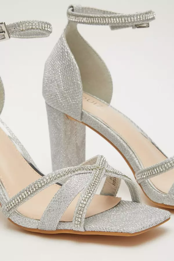 Silver Shimmer Cross Strap Heeled Sandals