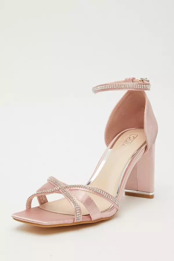 Pink Satin Cross Strap Heeled Sandals