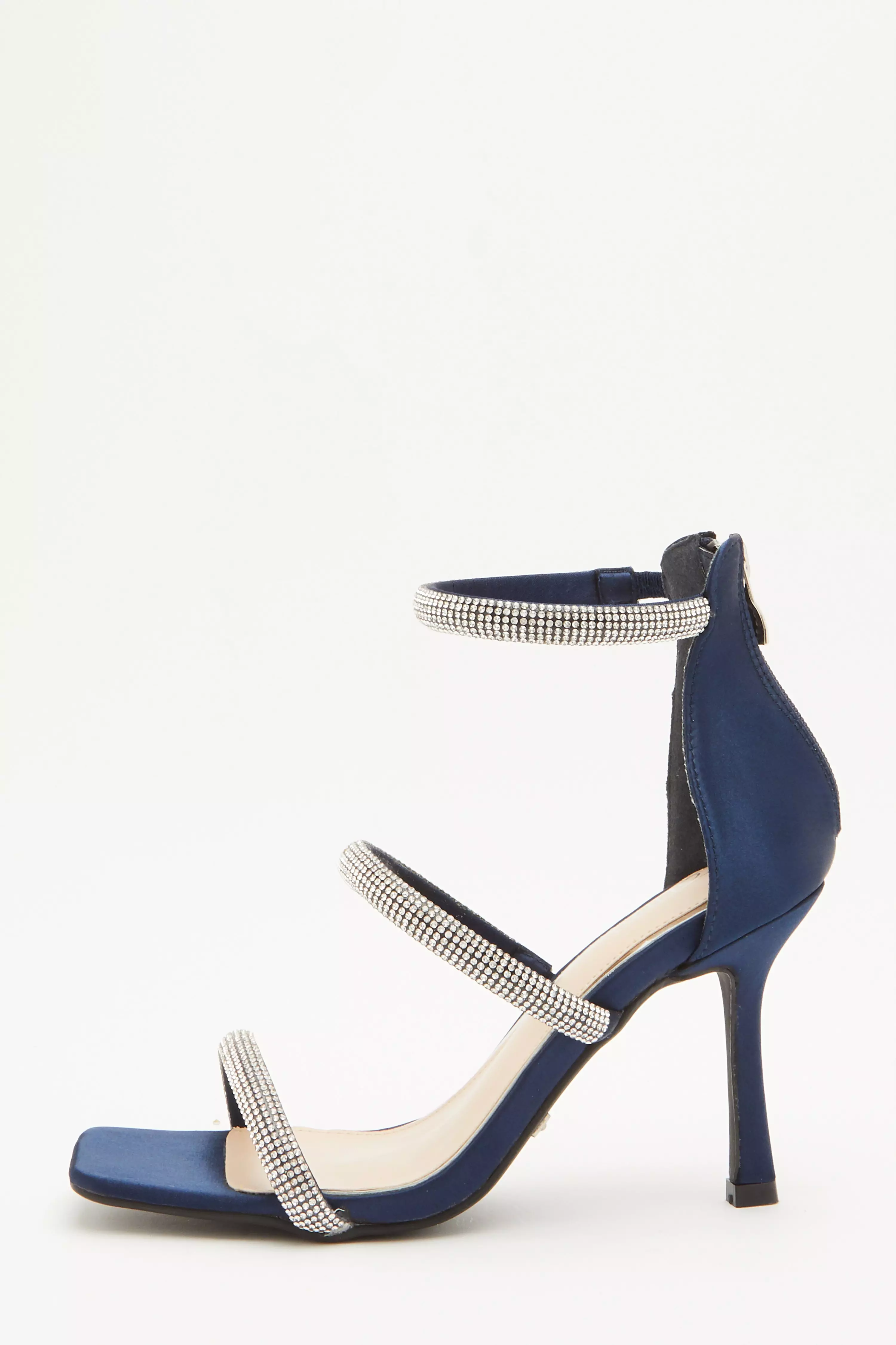 Navy Satin Embellished Heeled Sandals