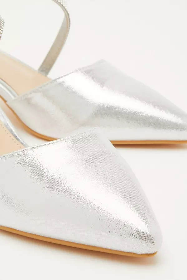 Silver Shimmer Asymmetric Strap Court Heels