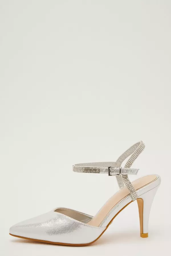 Silver Shimmer Diamante Strap Court Heels