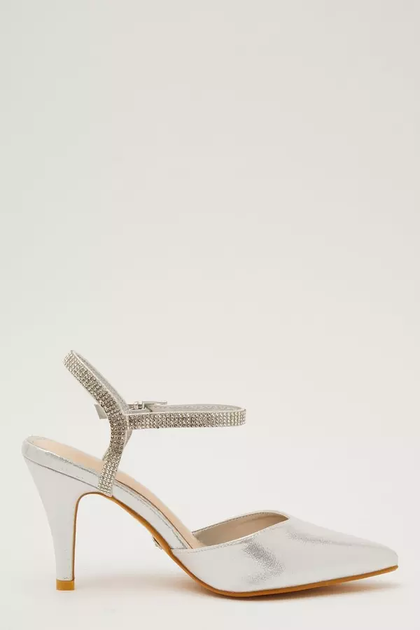 Silver Shimmer Diamante Strap Court Heels