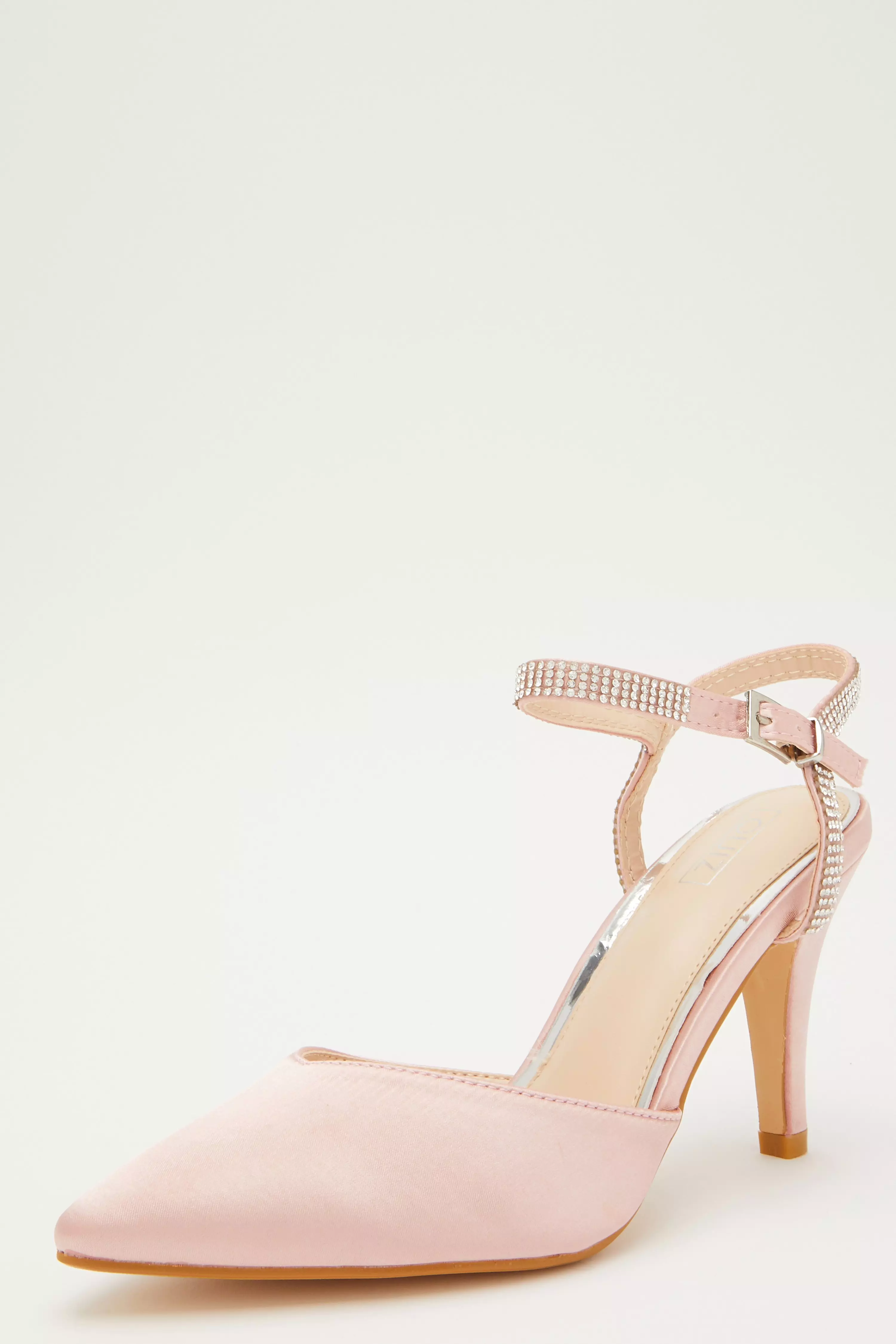 Pink Satin Diamante Strap Court Heels