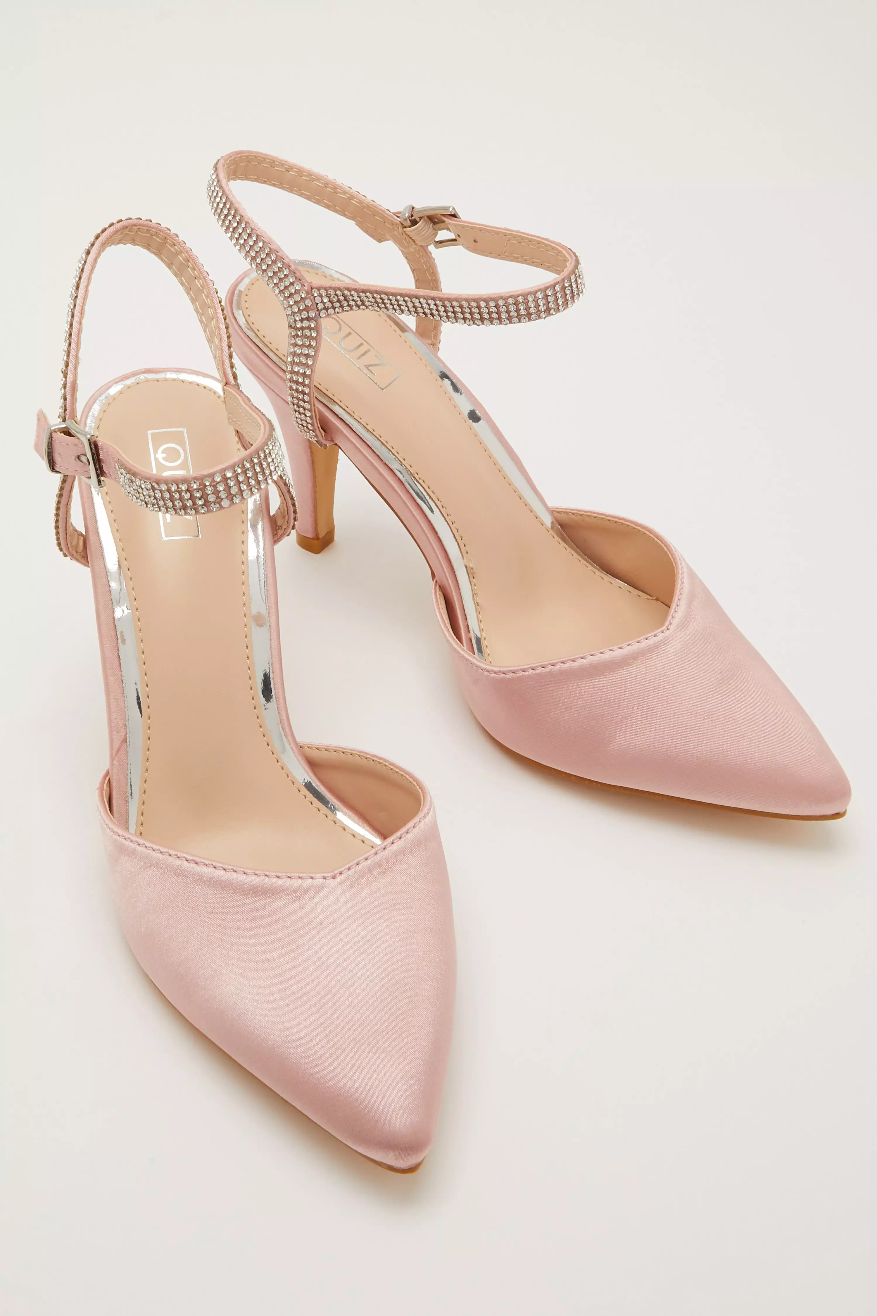 Pink Satin Diamante Strap Court Heels