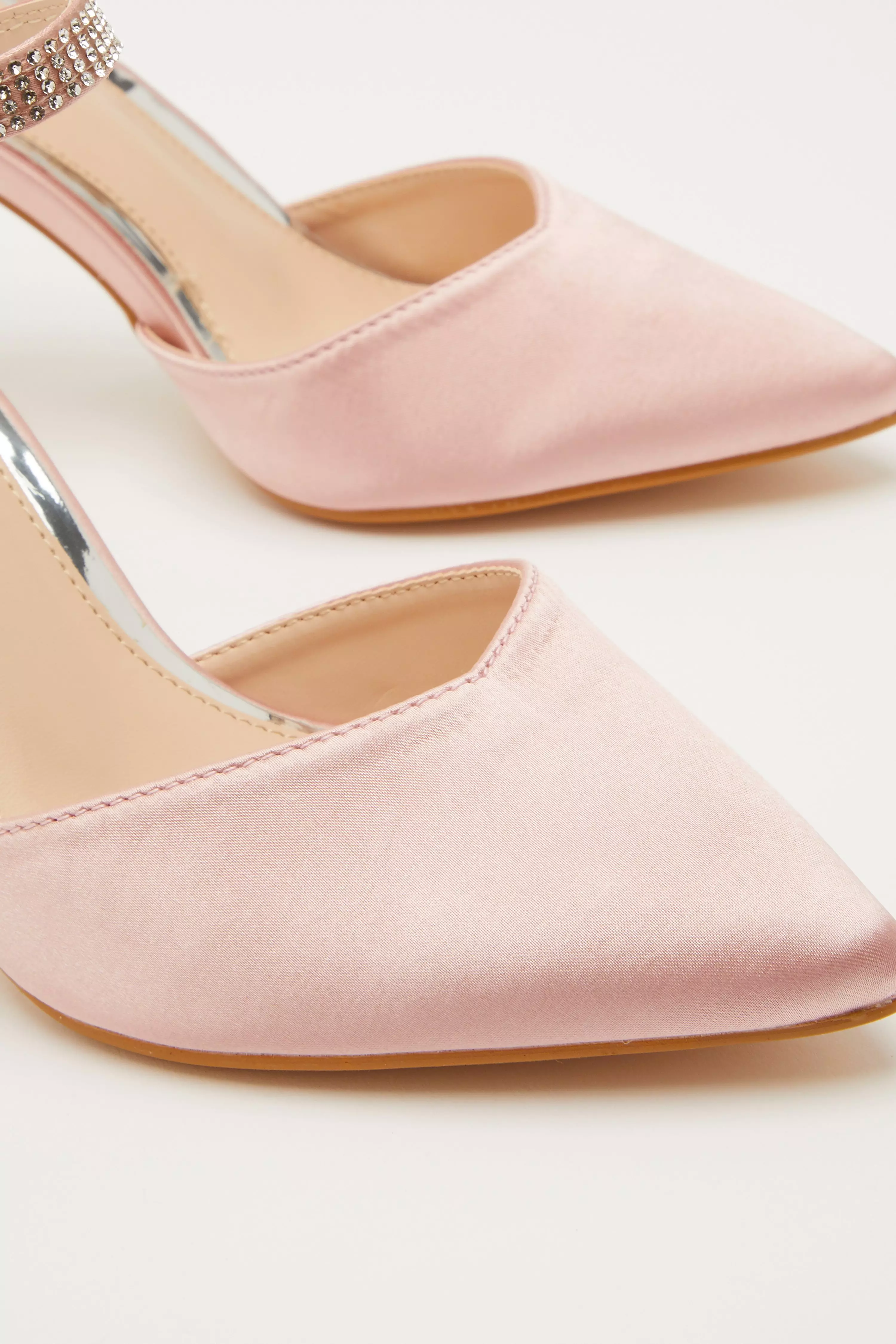 Pink Satin Diamante Strap Court Heels