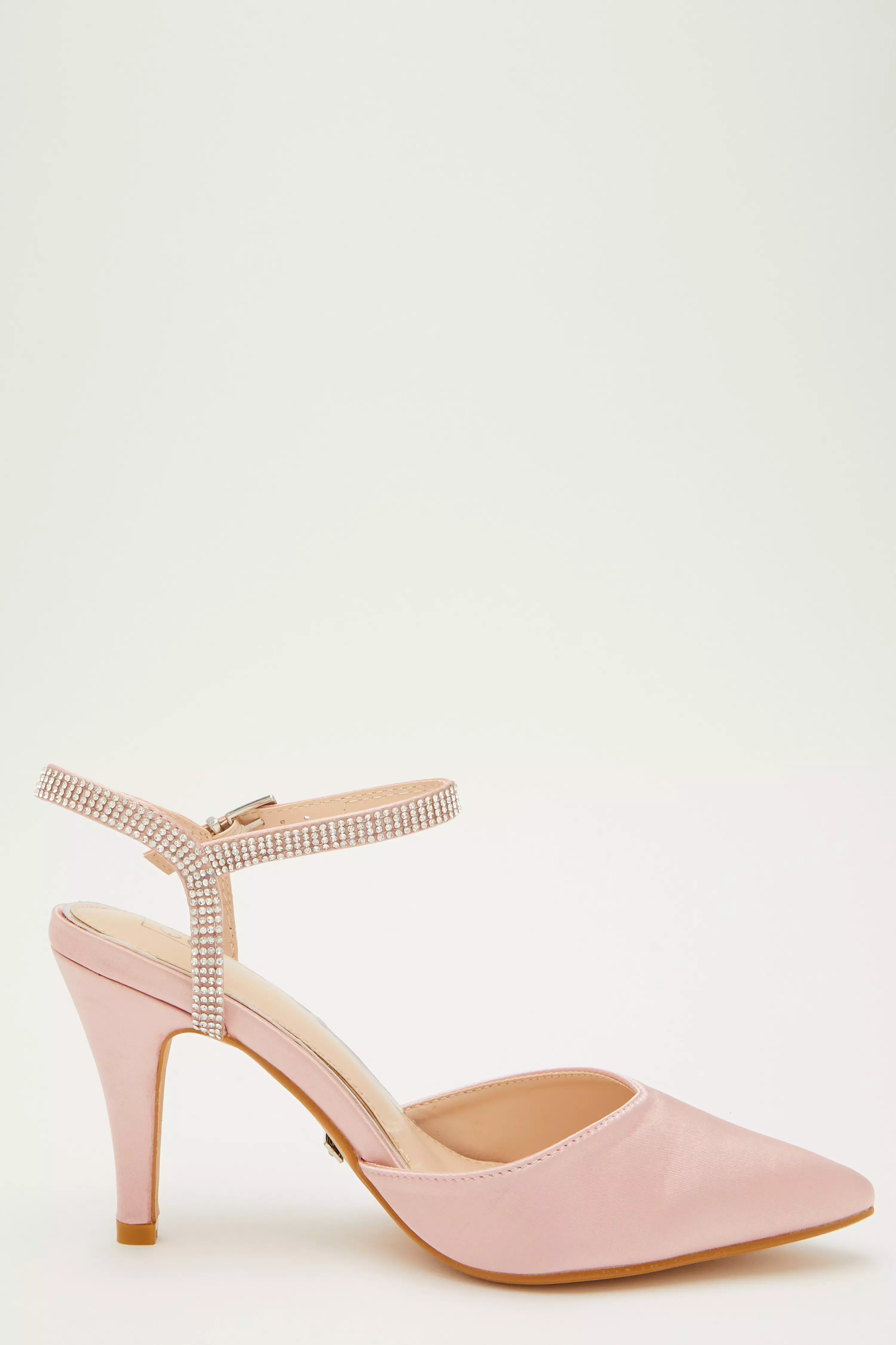 Pink Satin Diamante Strap Court Heels