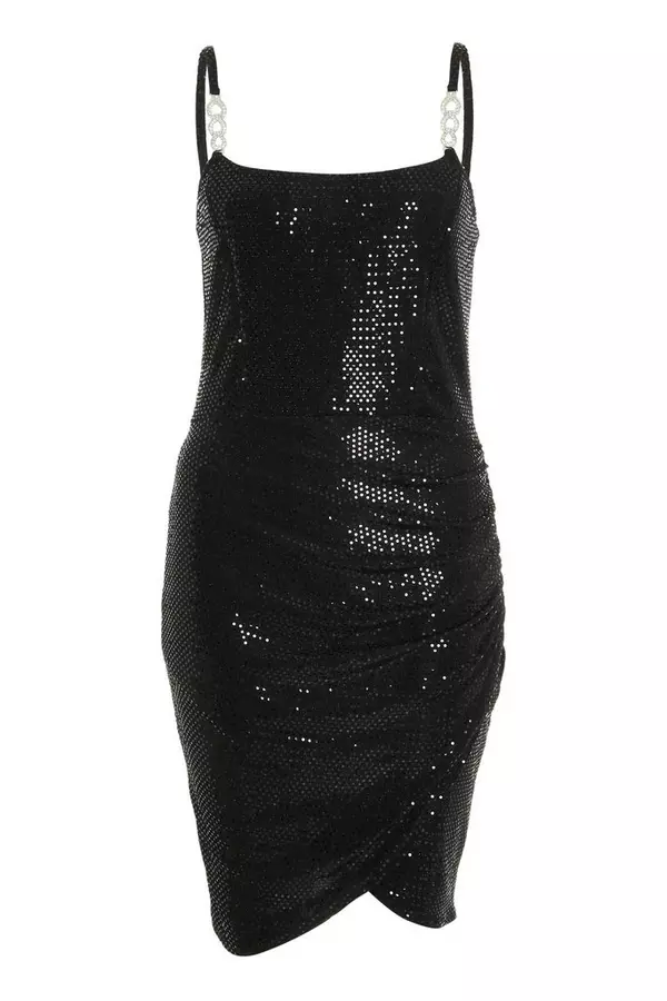 Black Sequin Diamante Chain Mini Dress